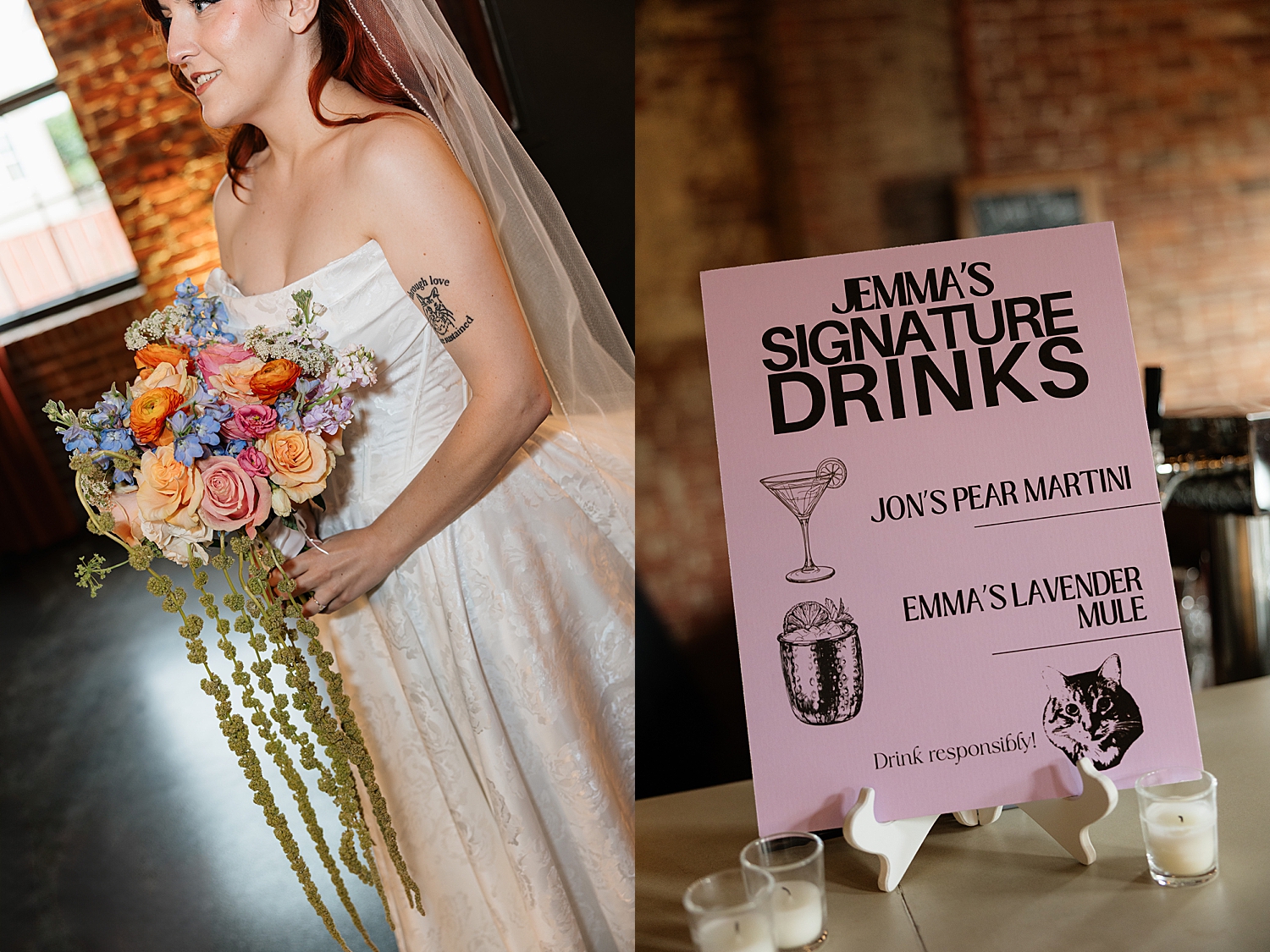 bride stands next to custom cocktail sign by Maryland wedding photographer