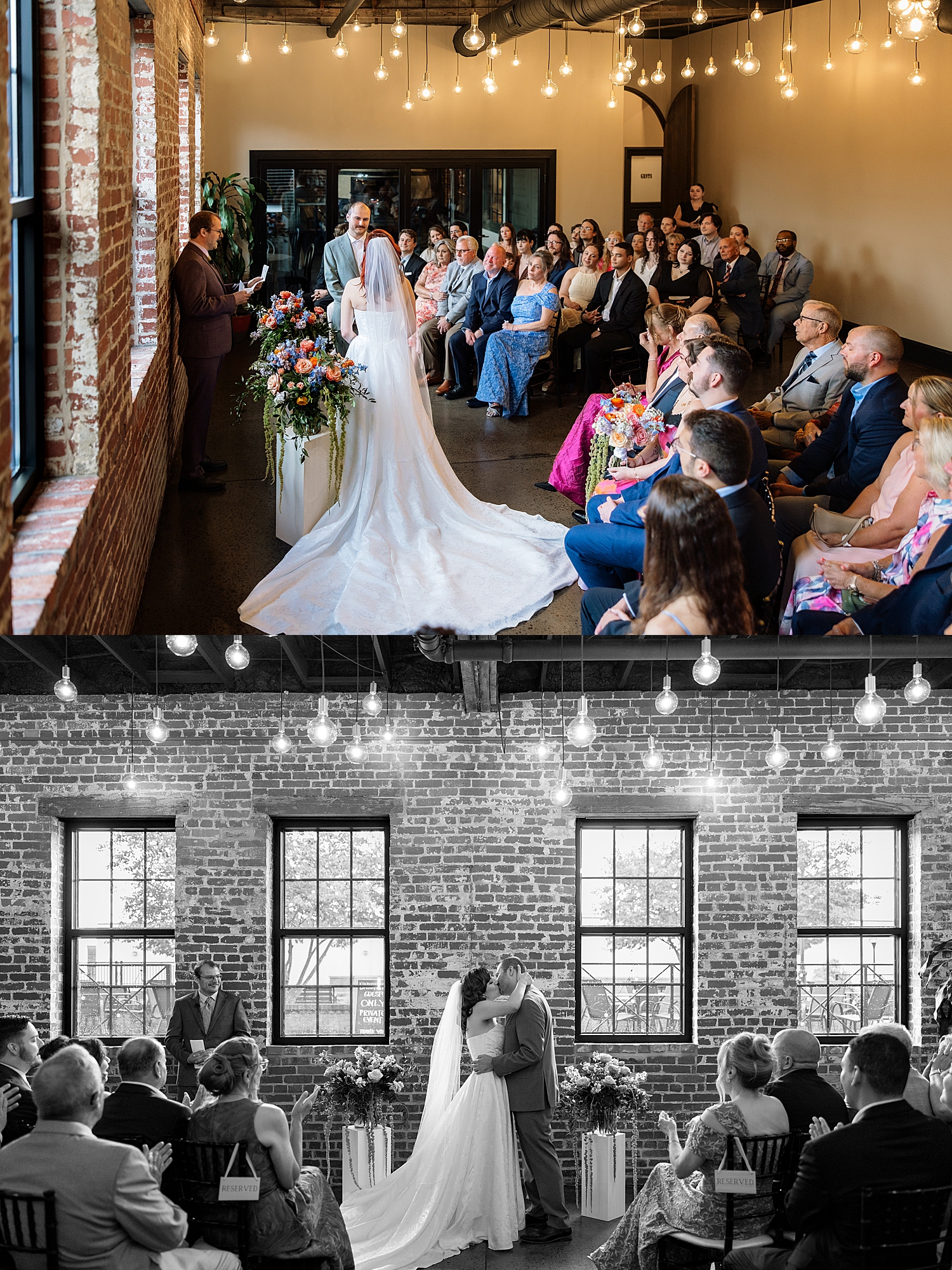 couple shares a first kiss at alter by Maryland wedding photographer