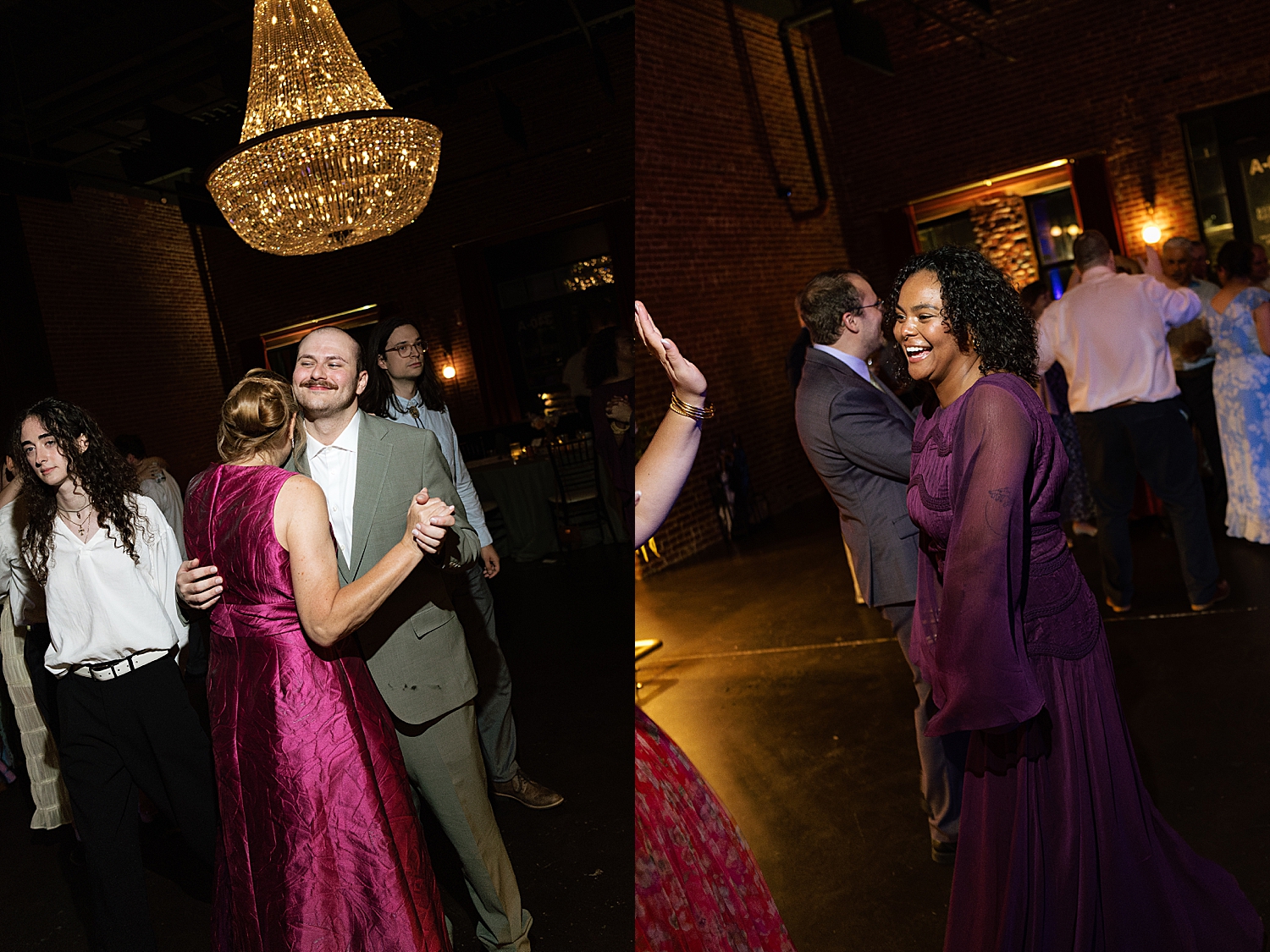 people dance wildly under twinkle lights by Sharp Impressions Photography