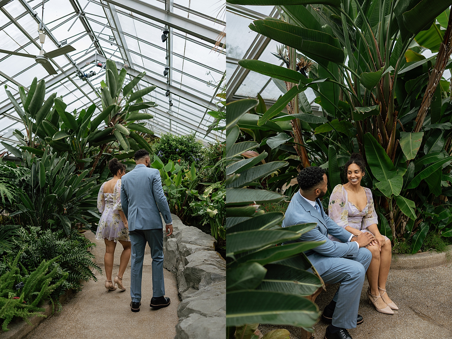 couple walk through garden next to pond by Maryland wedding photographer