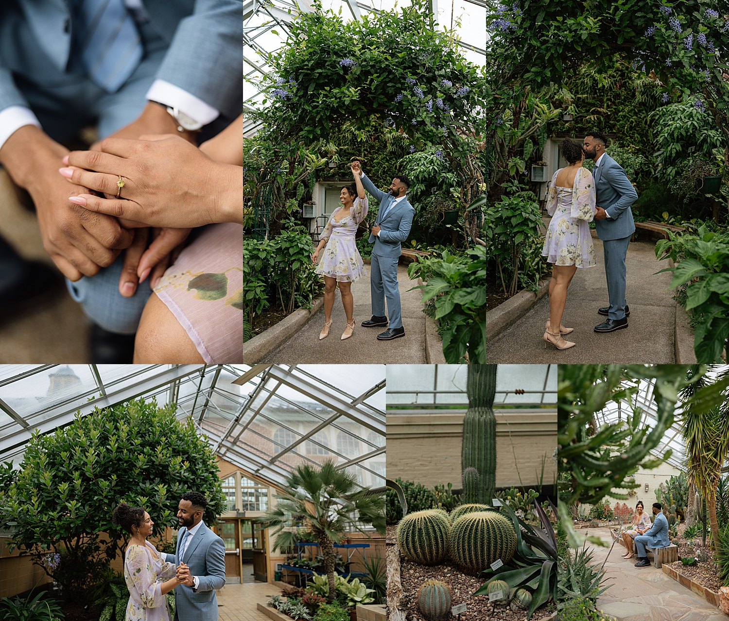 man twirls his fiance in greenhouse at Rawlings Conservatory