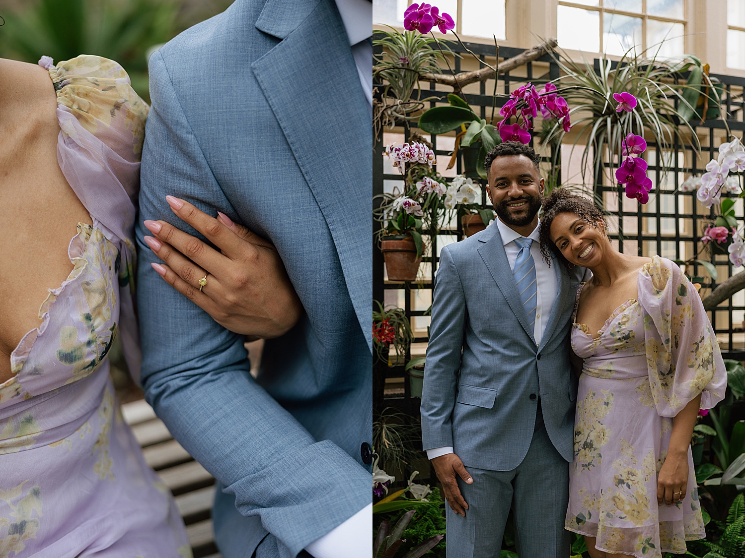 man and woman stand in front of floral wall by Maryland wedding photographer