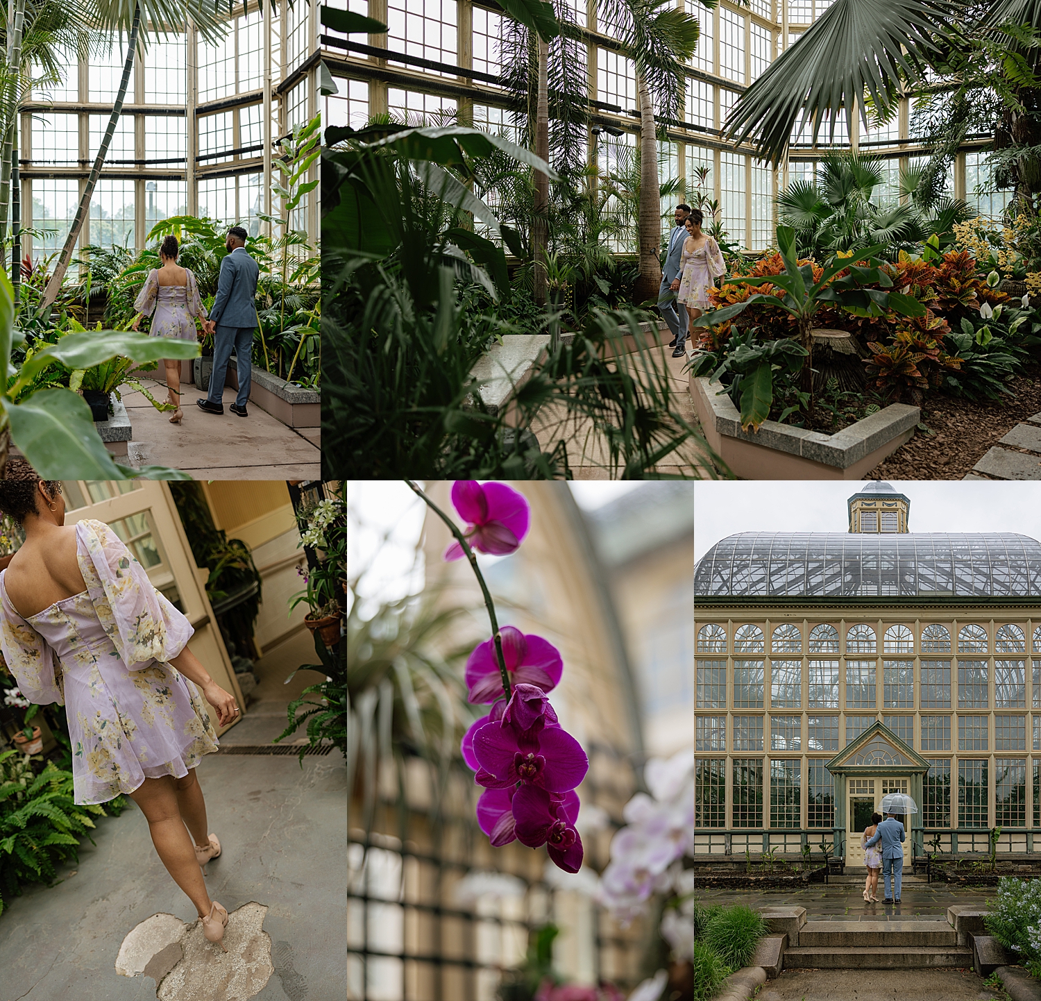 couple walks through greenhouse in the rain by Sharp Impressions Photo