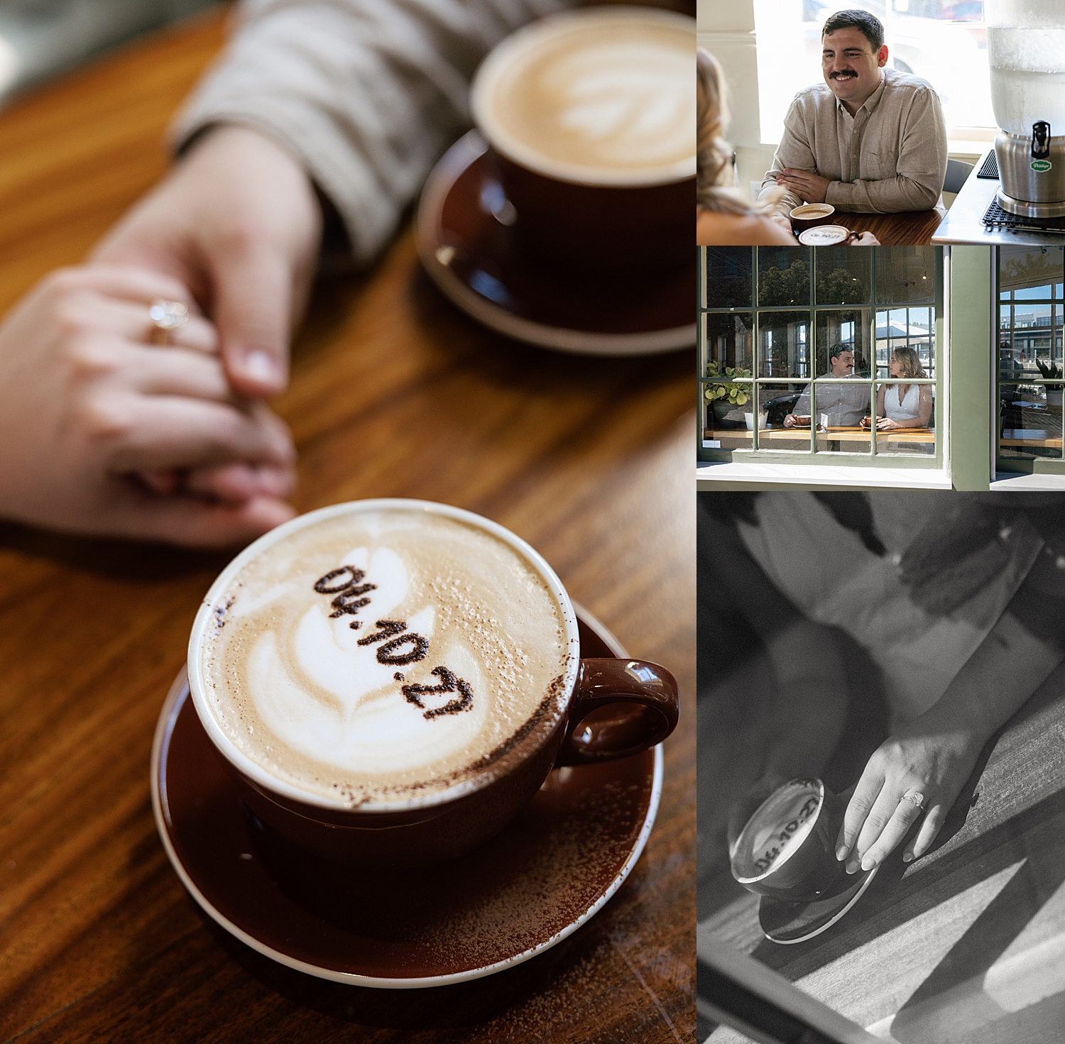 couple hold hands over lattes for Boston engagement session