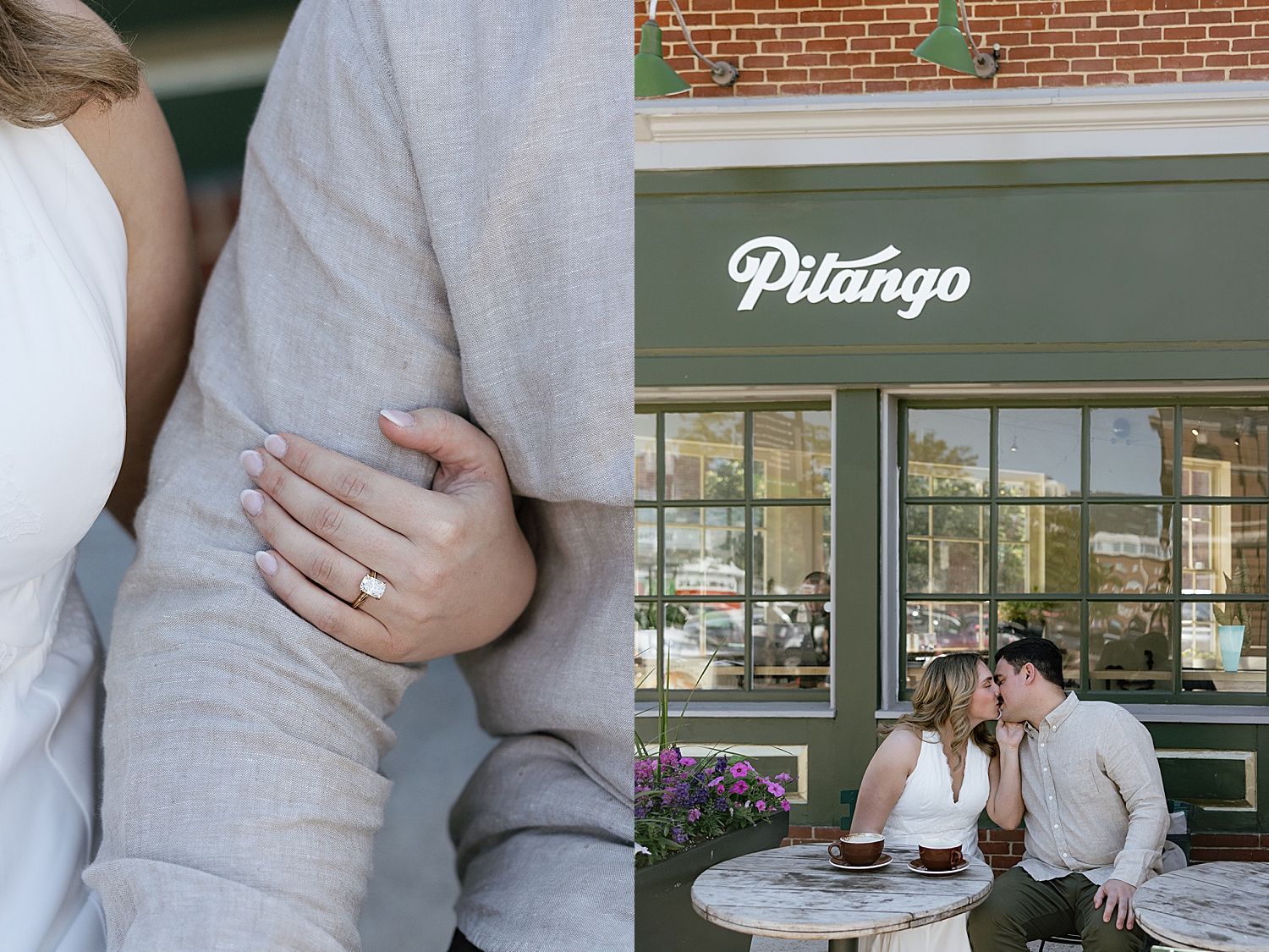 woman in white dress sits with man outside cafe by Sharp Impressions Photography