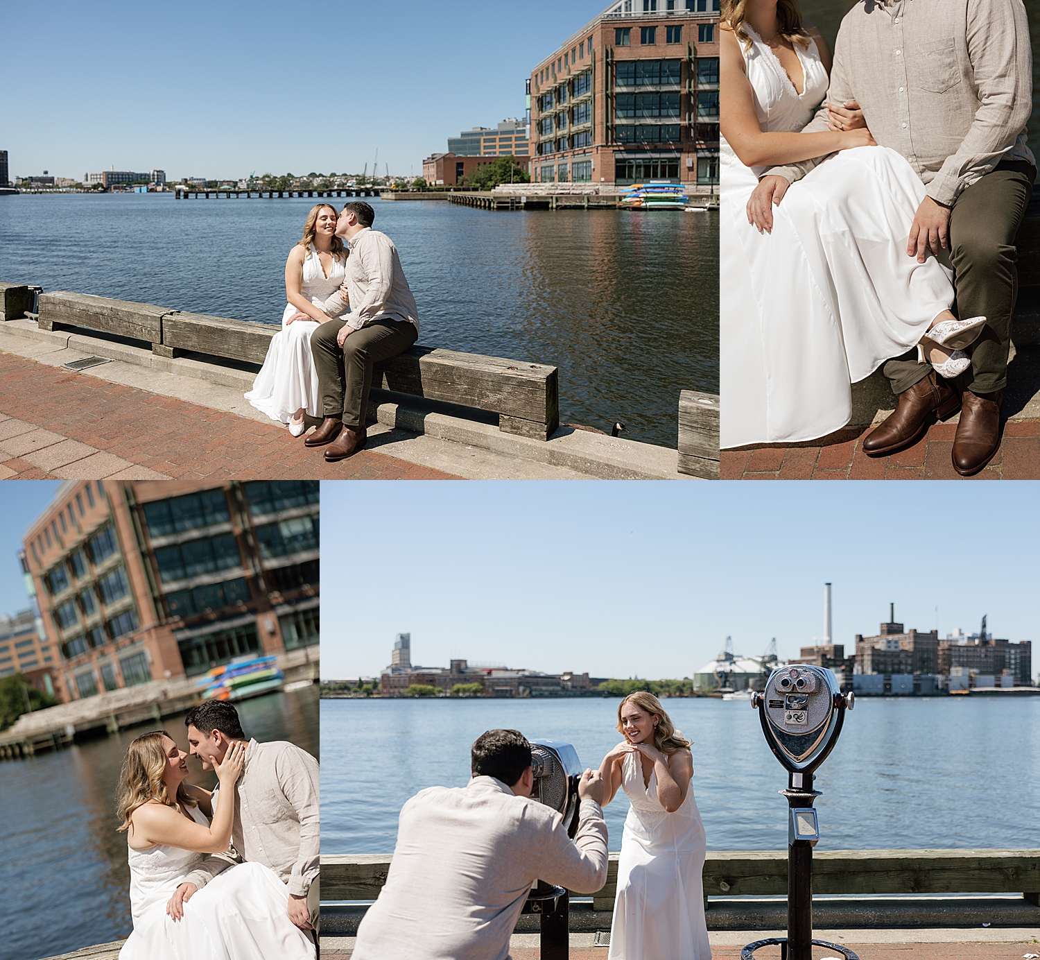 man leans in to kiss his bride to be next to water for Boston engagement session
