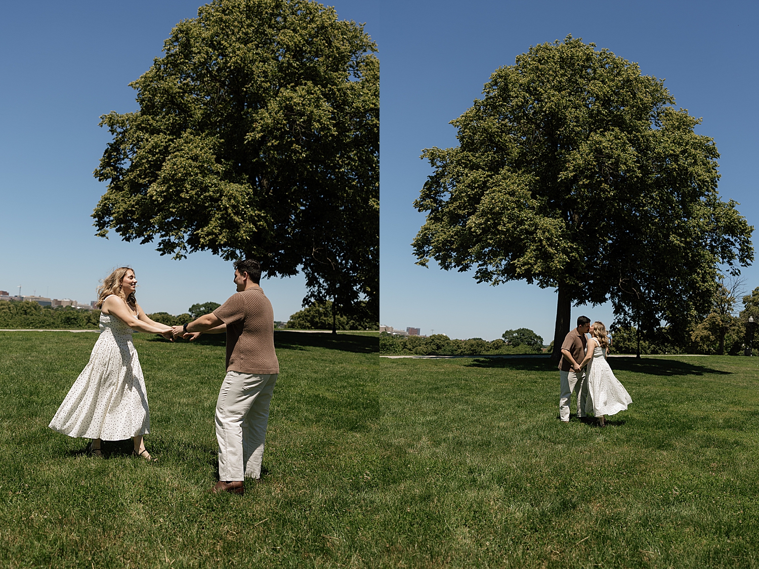 man spins woman in white dress in field by Maryland wedding photographer