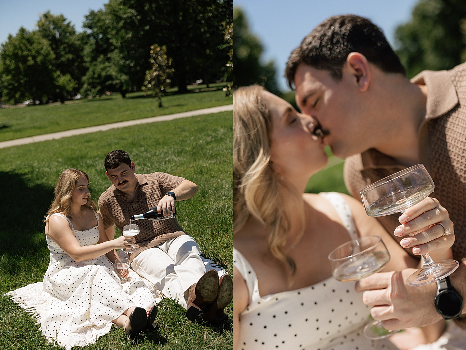 engaged pair toast champagne in the park by Sharp Impressions Photography