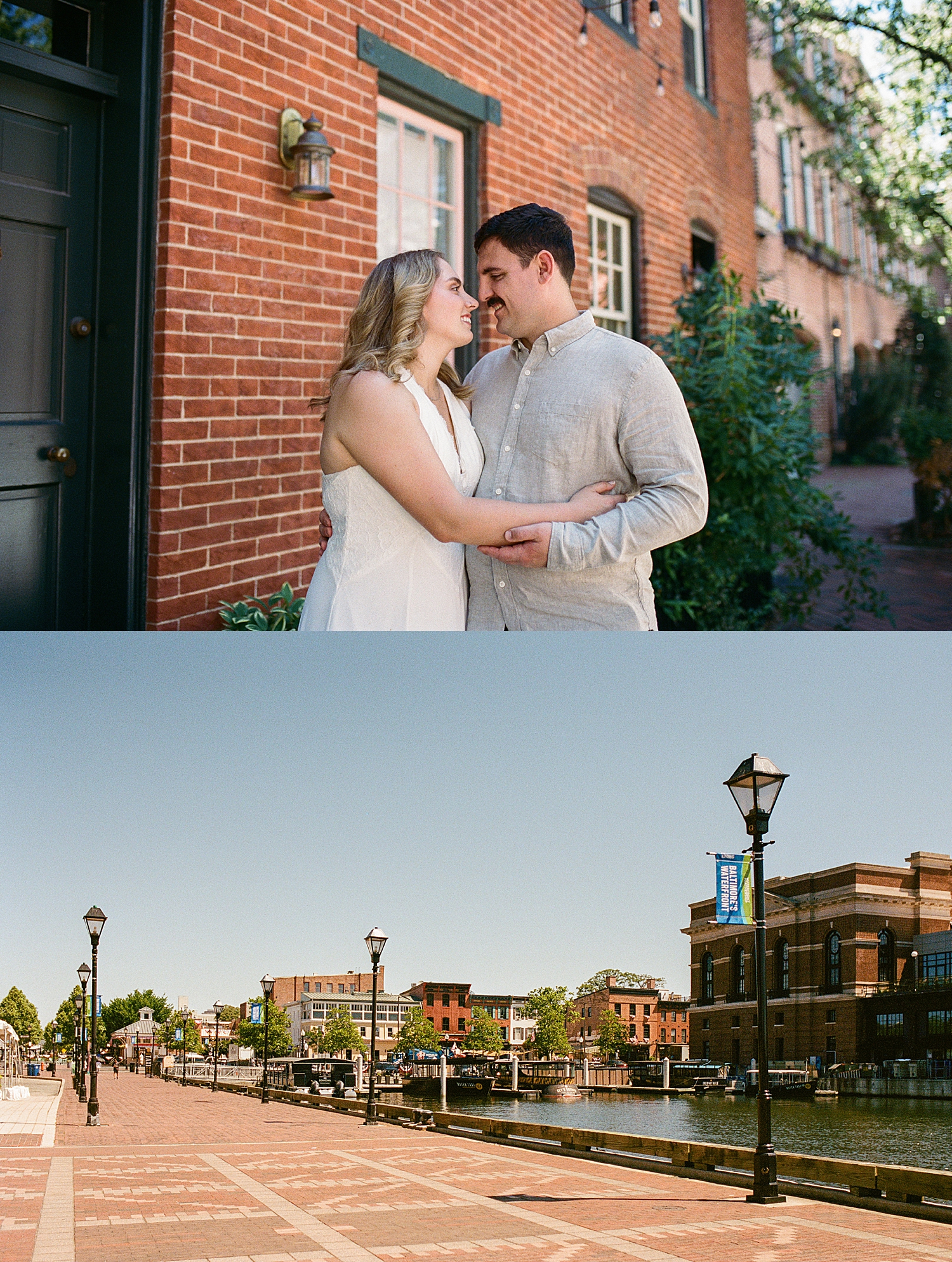man leans in to kiss woman on historic street for Boston engagement session