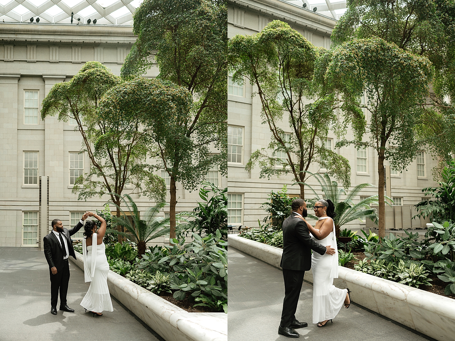 couple dance by trees outside of National Portrait Gallery