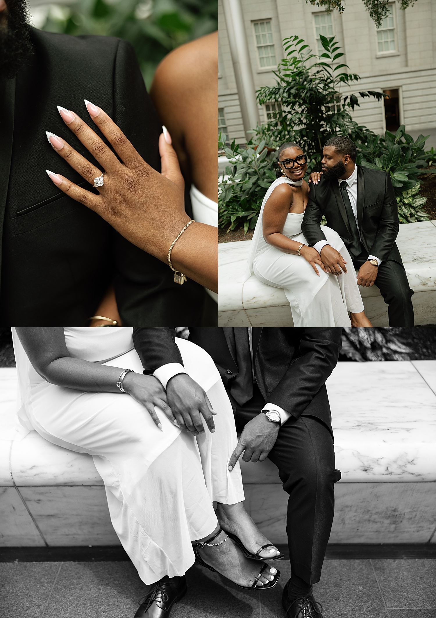 engaged couple sit on marble perch outside art gallery by Maryland wedding photographer