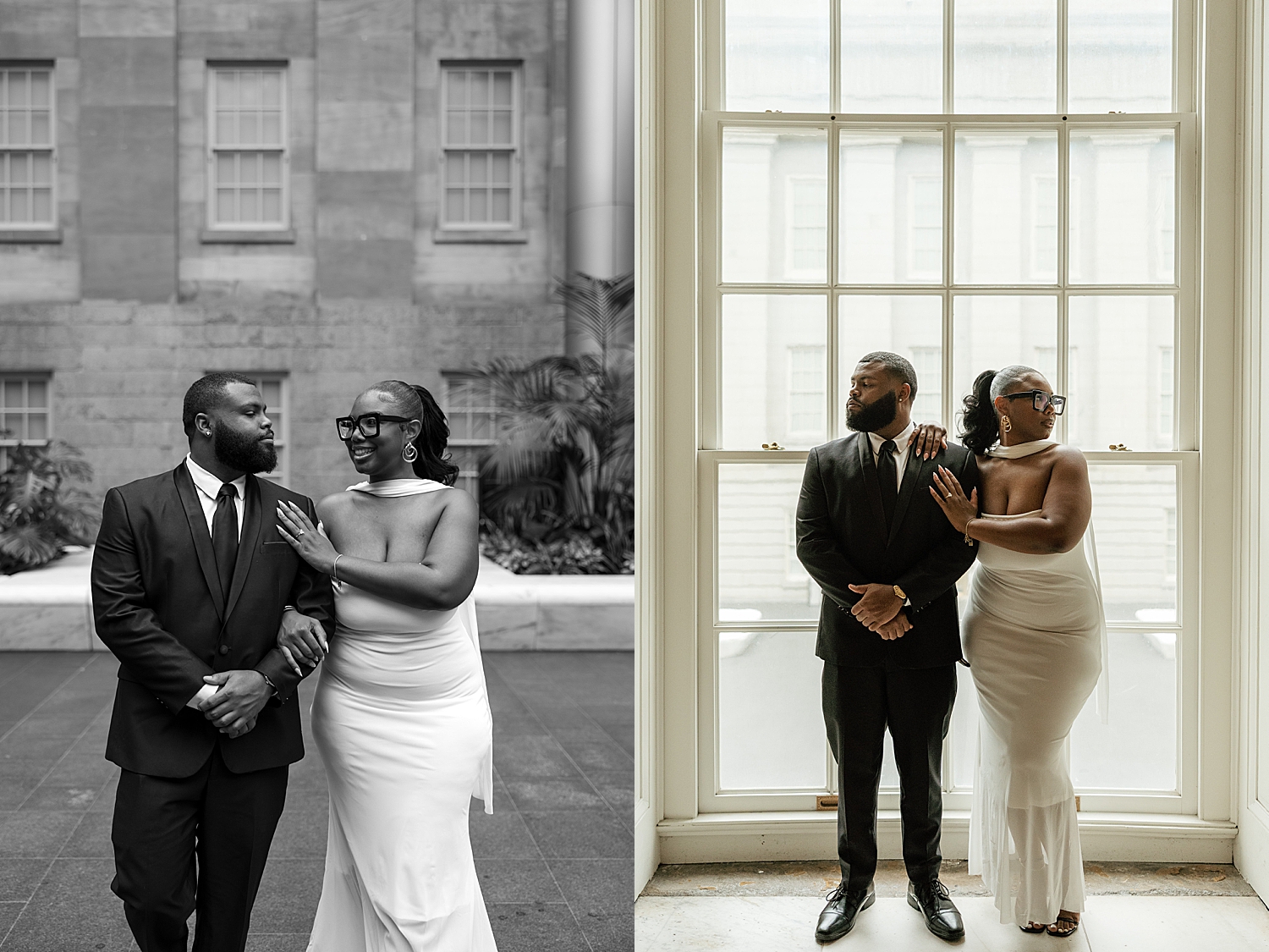engaged couple stand in front of big window at National Portrait Gallery