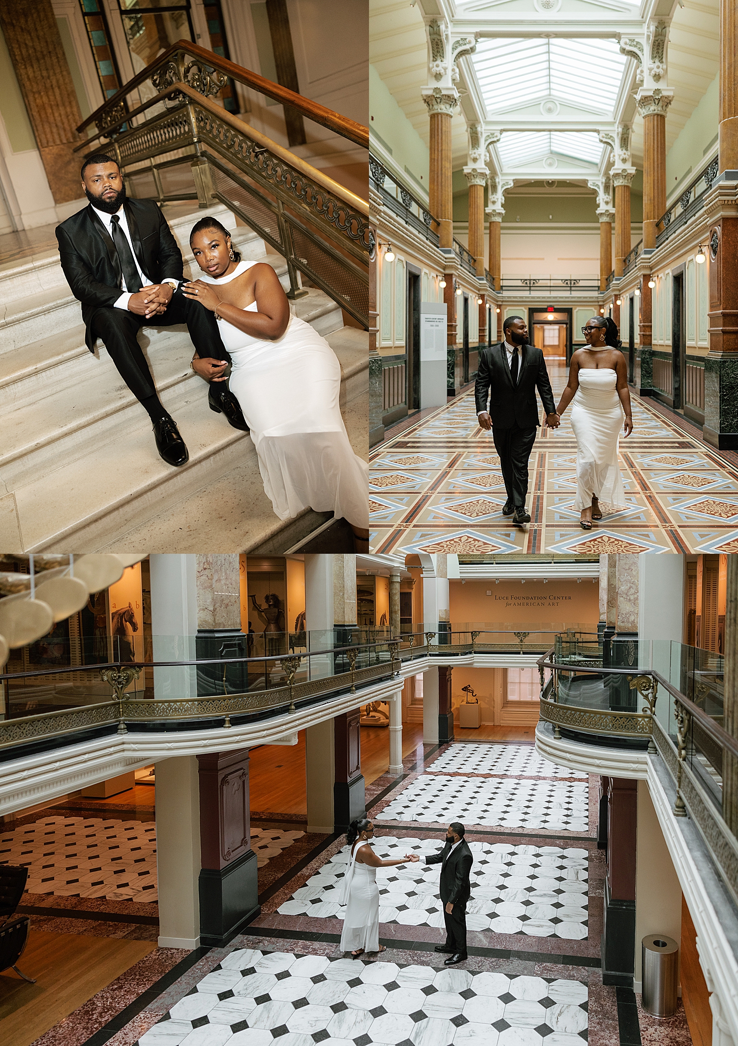 engaged couple walk through art gallery by Sharp Impressions Photo