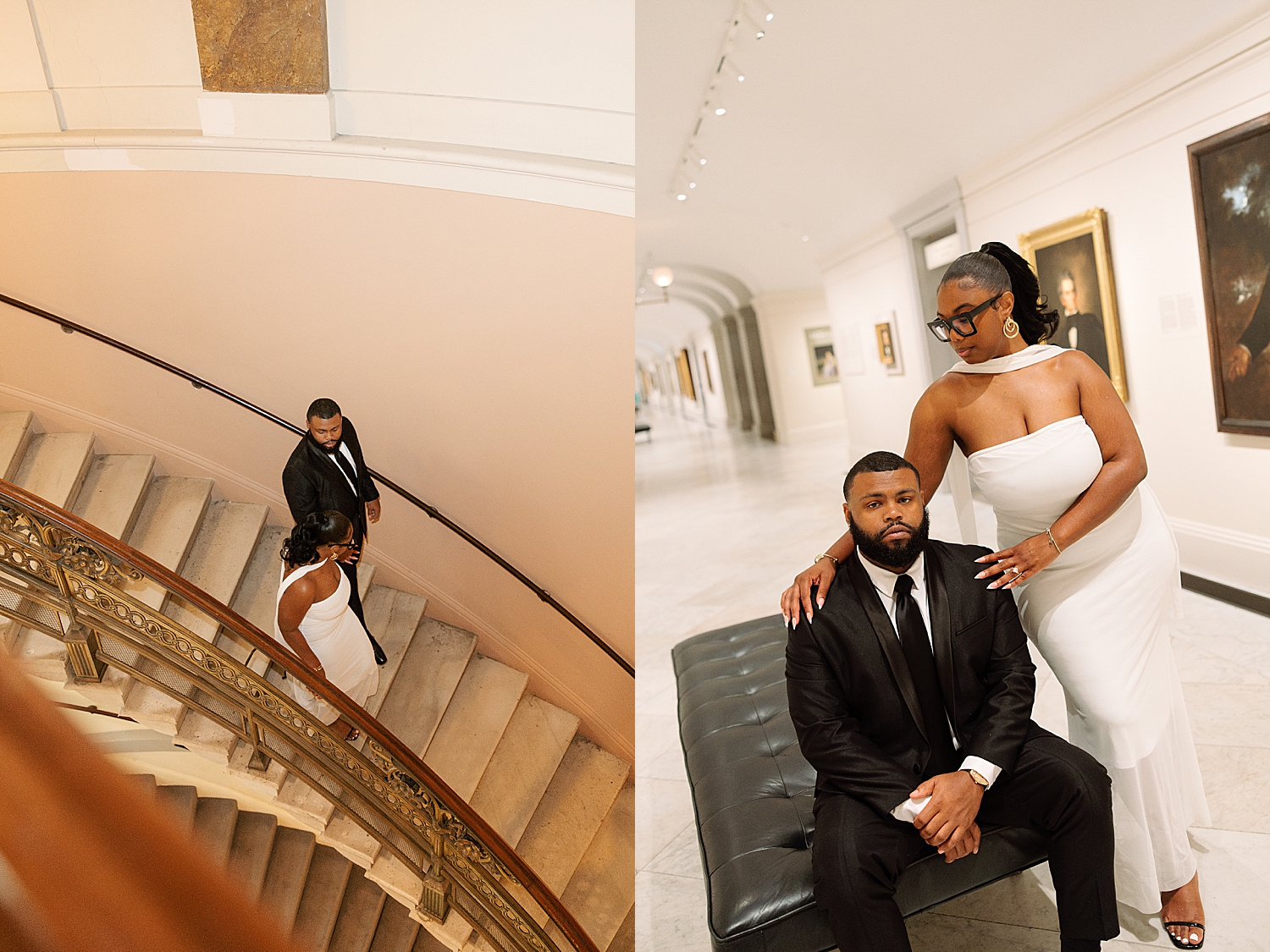 woman stands next to her fiance in gallery by Maryland wedding photographer