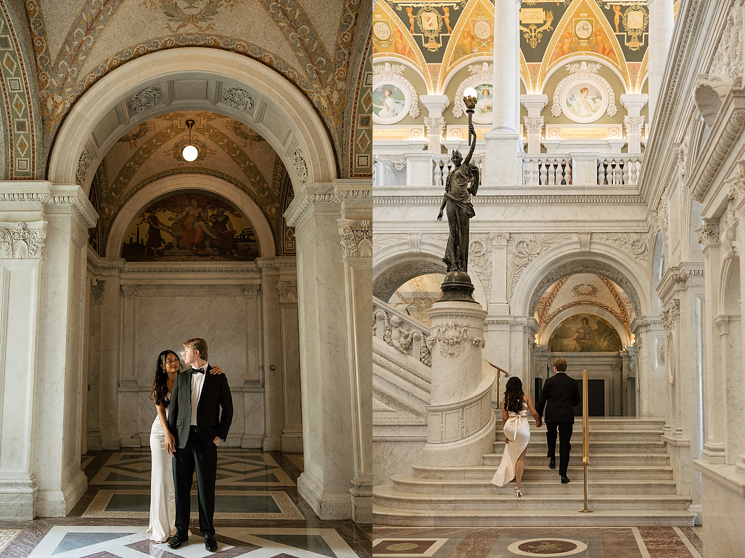man and woman walk up grand historic staircase by Sharp Impressions Photo