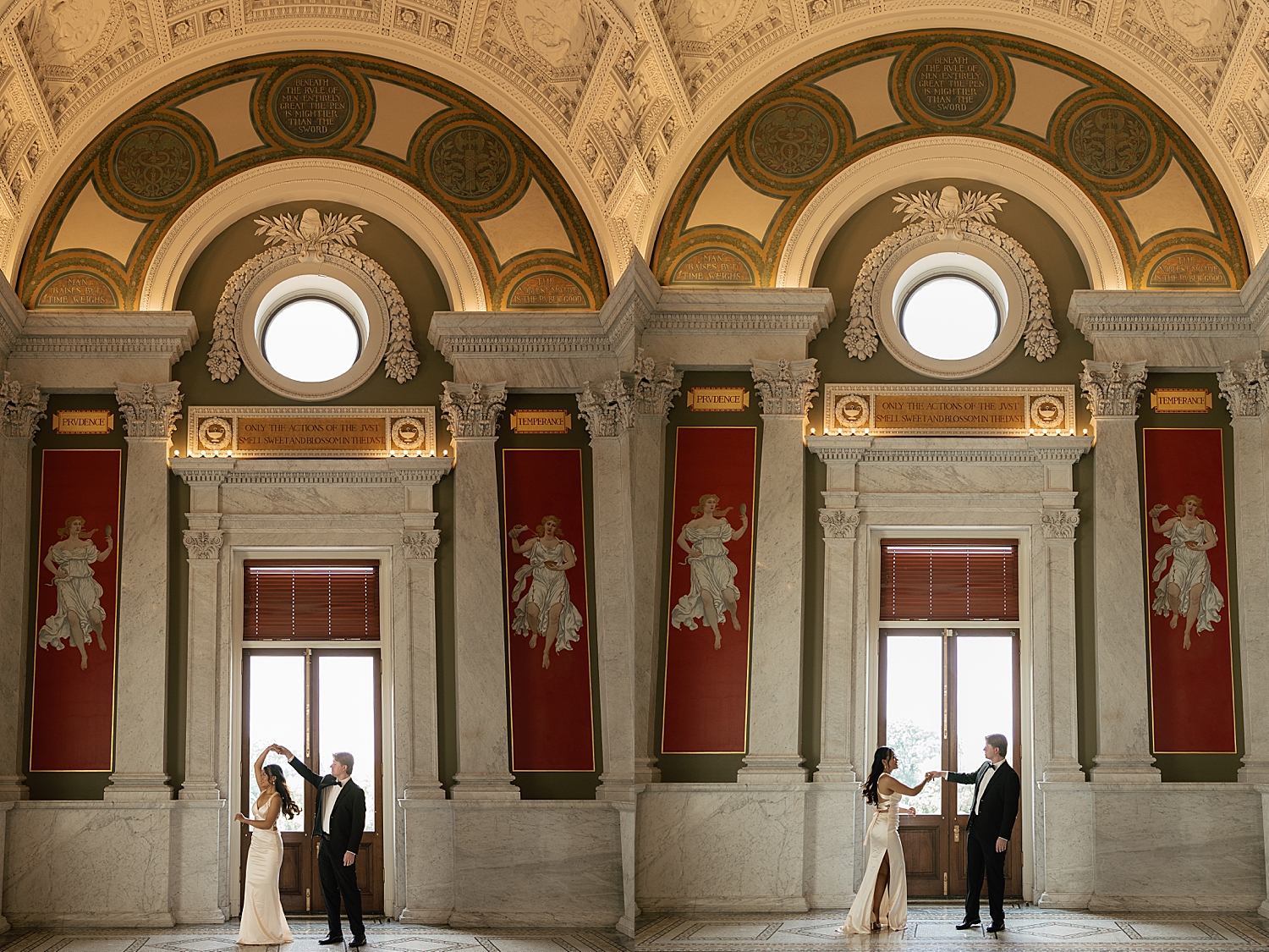 couple dance in front of large historic windows by Maryland wedding photographer