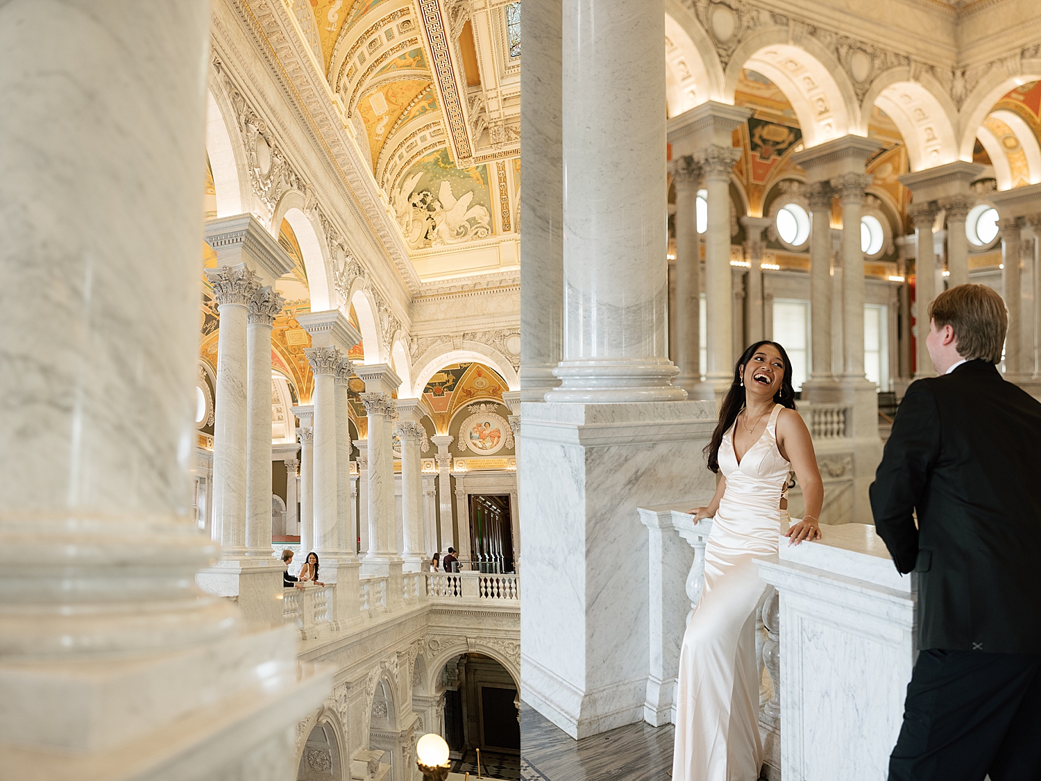 man and woman laugh together while leaning against banister by Maryland wedding photographer