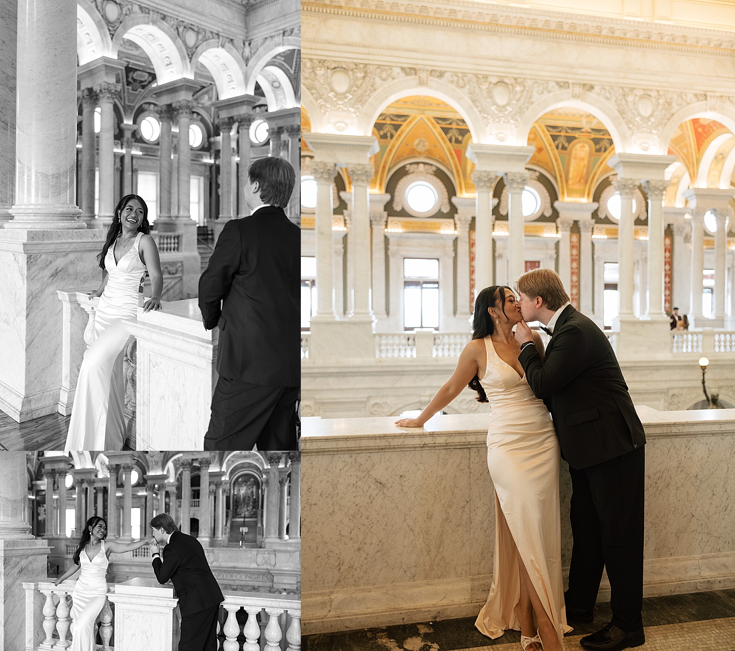 man leans in to kiss woman in long white dress against banister by Sharp Impressions Photo