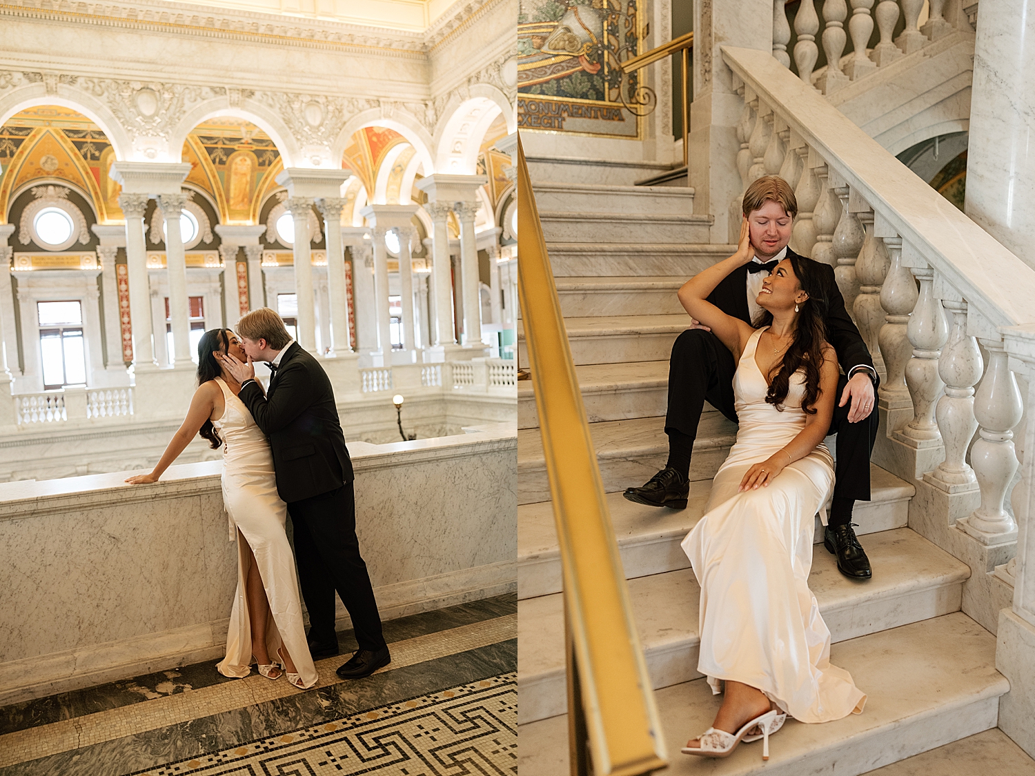 engaged couple sits together on stairs at The Library of Congress