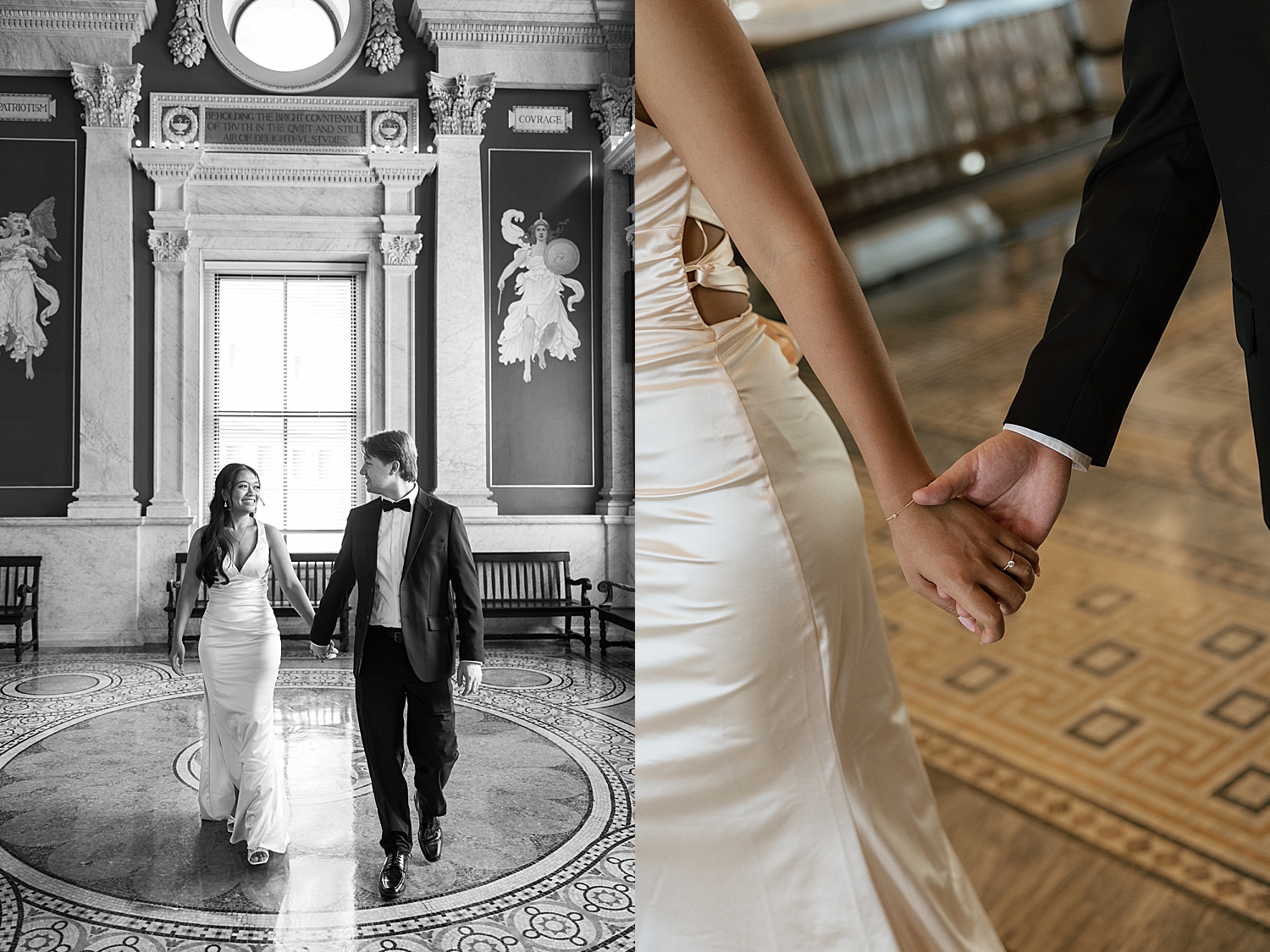 engaged couple walk hand in hand through rotunda by Sharp Impressions Photo