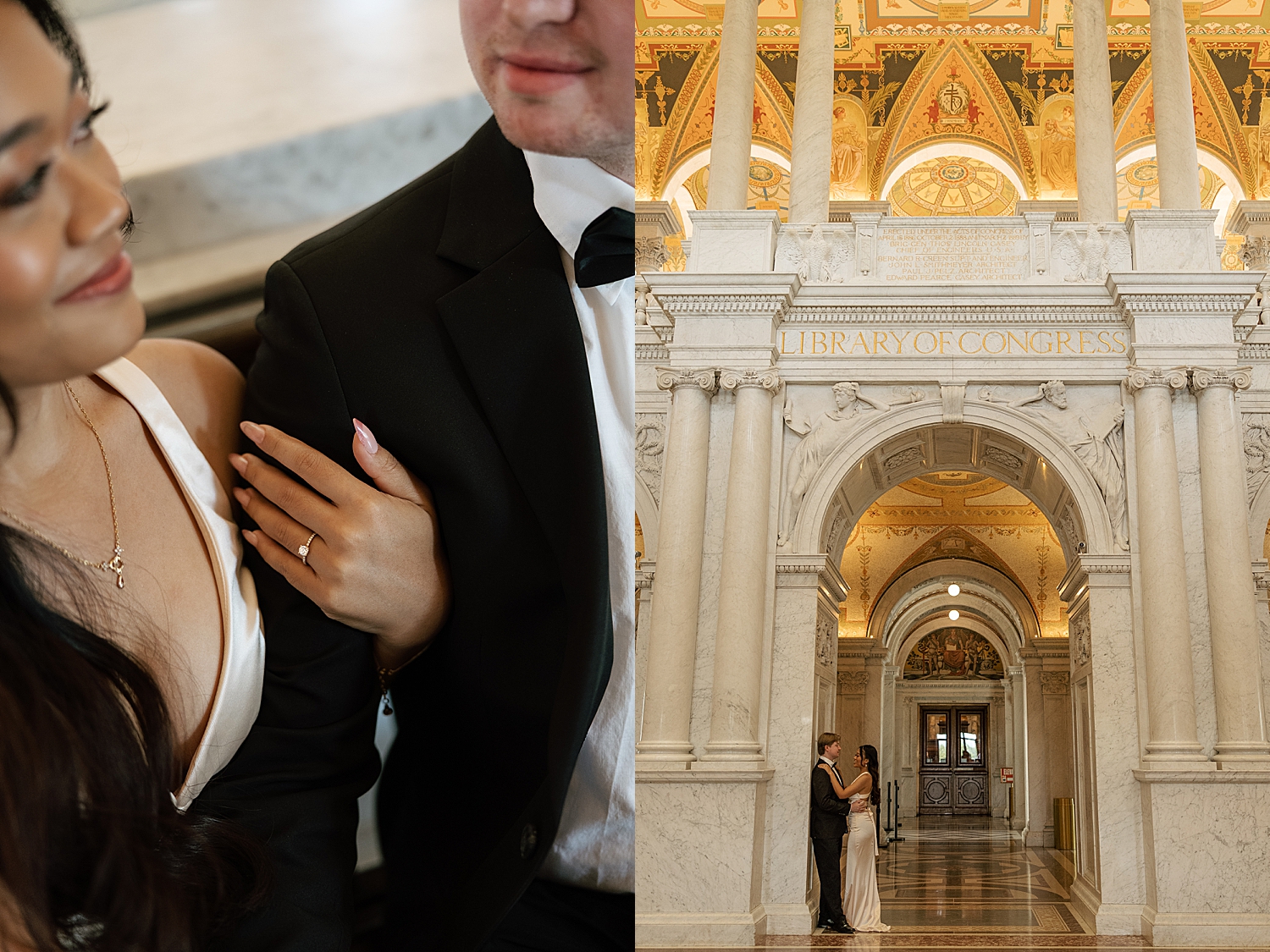 couple snuggle under large arched walkway by Maryland wedding photographer