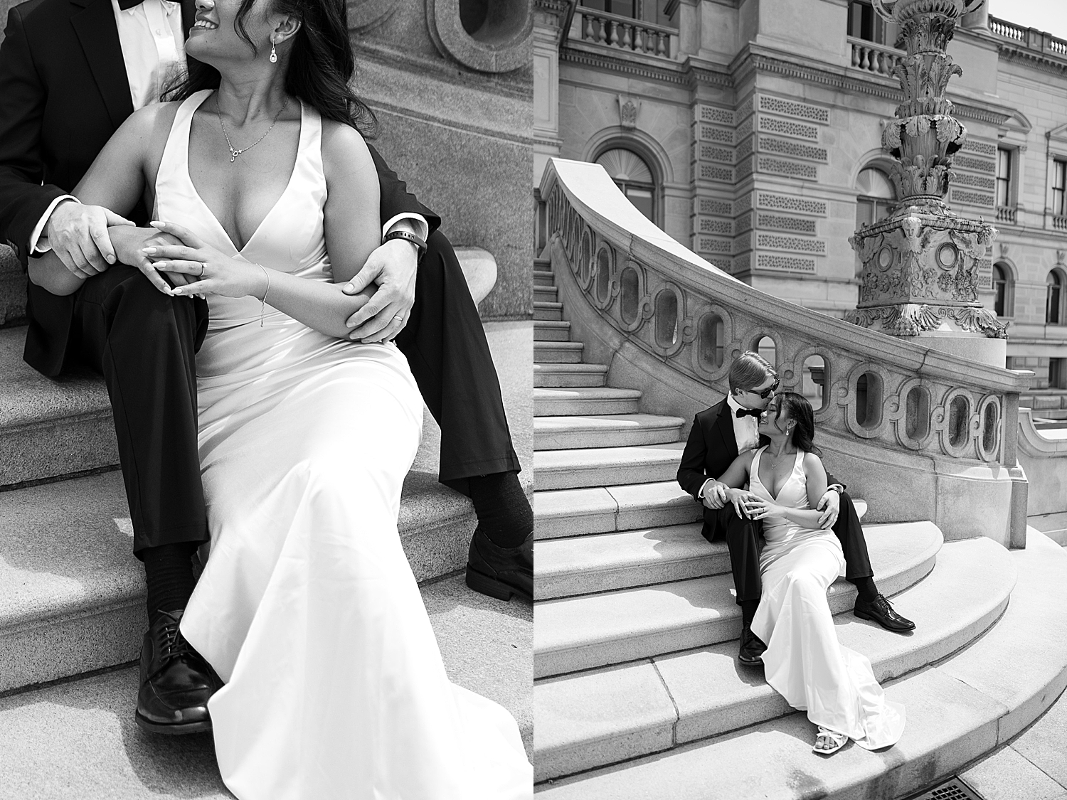 couple lounge on outdoor grand staircase by Maryland wedding photographer
