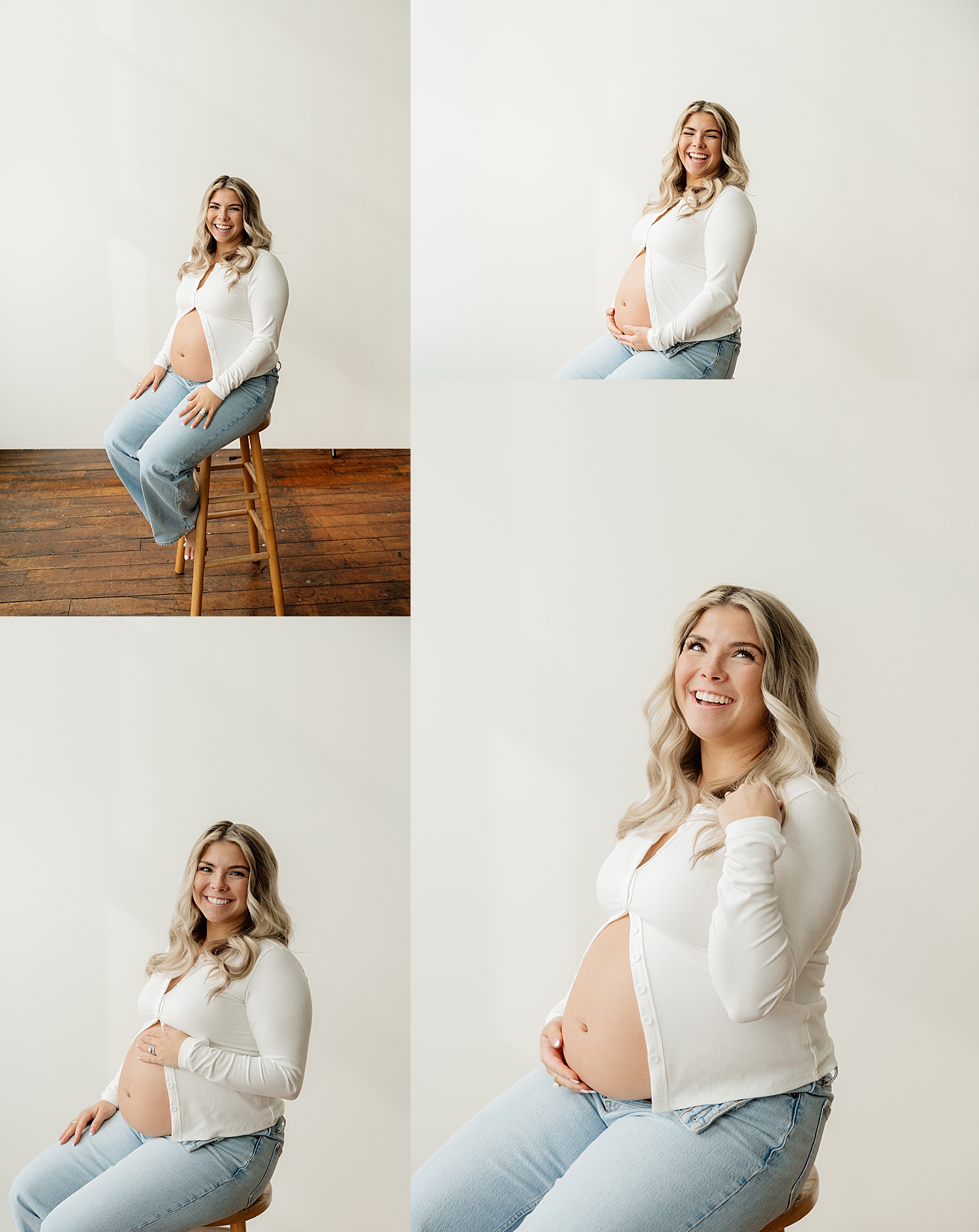 blonde expecting mama on stool for in-studio maternity session