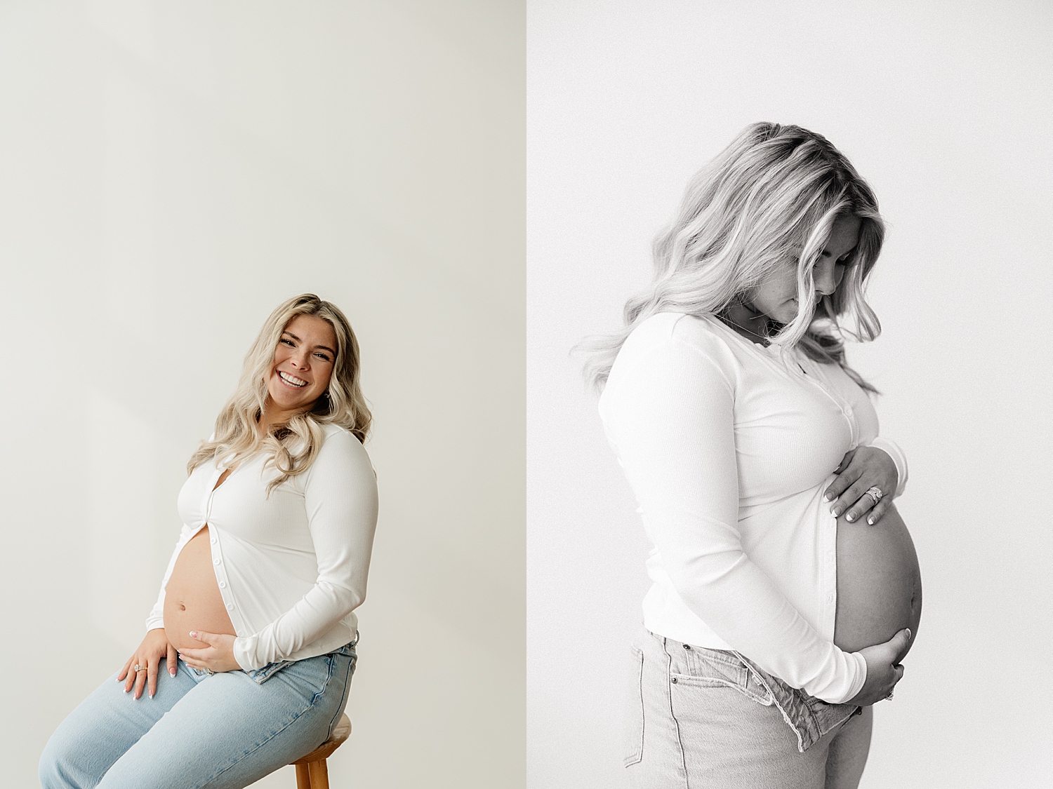 blonde pregnant woman on stool in white shirt by Maryland family photographer