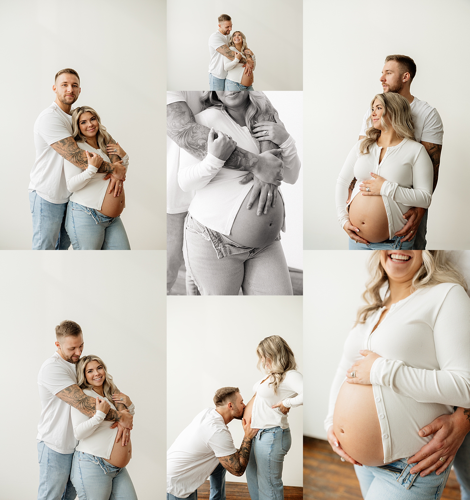 parents to be snuggle close in white room for in-studio maternity session