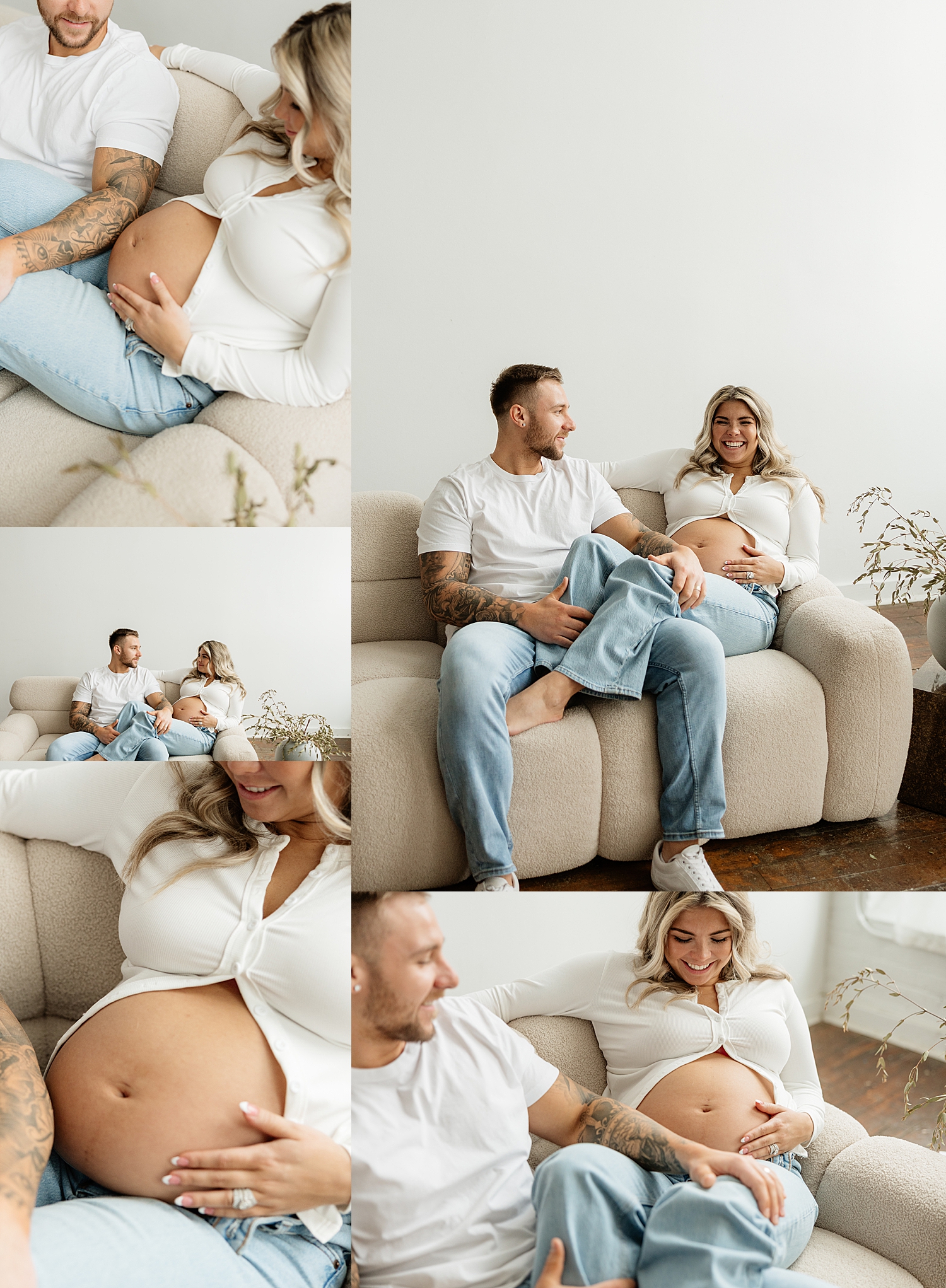 couple snuggle on couch in white shirts and denim by Maryland family photographer