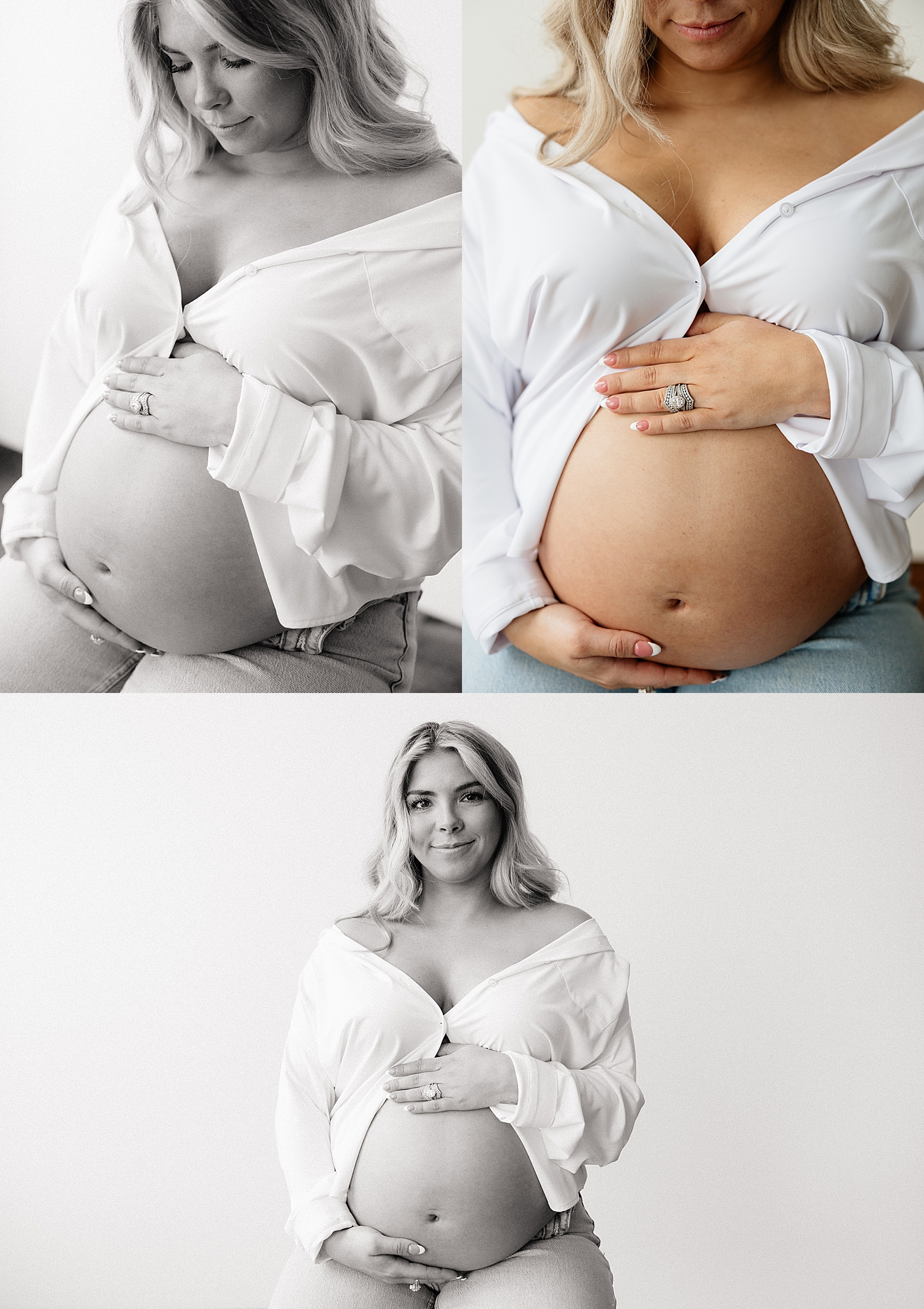 expecting mama cradles her belly in button down shirt for in-studio maternity session