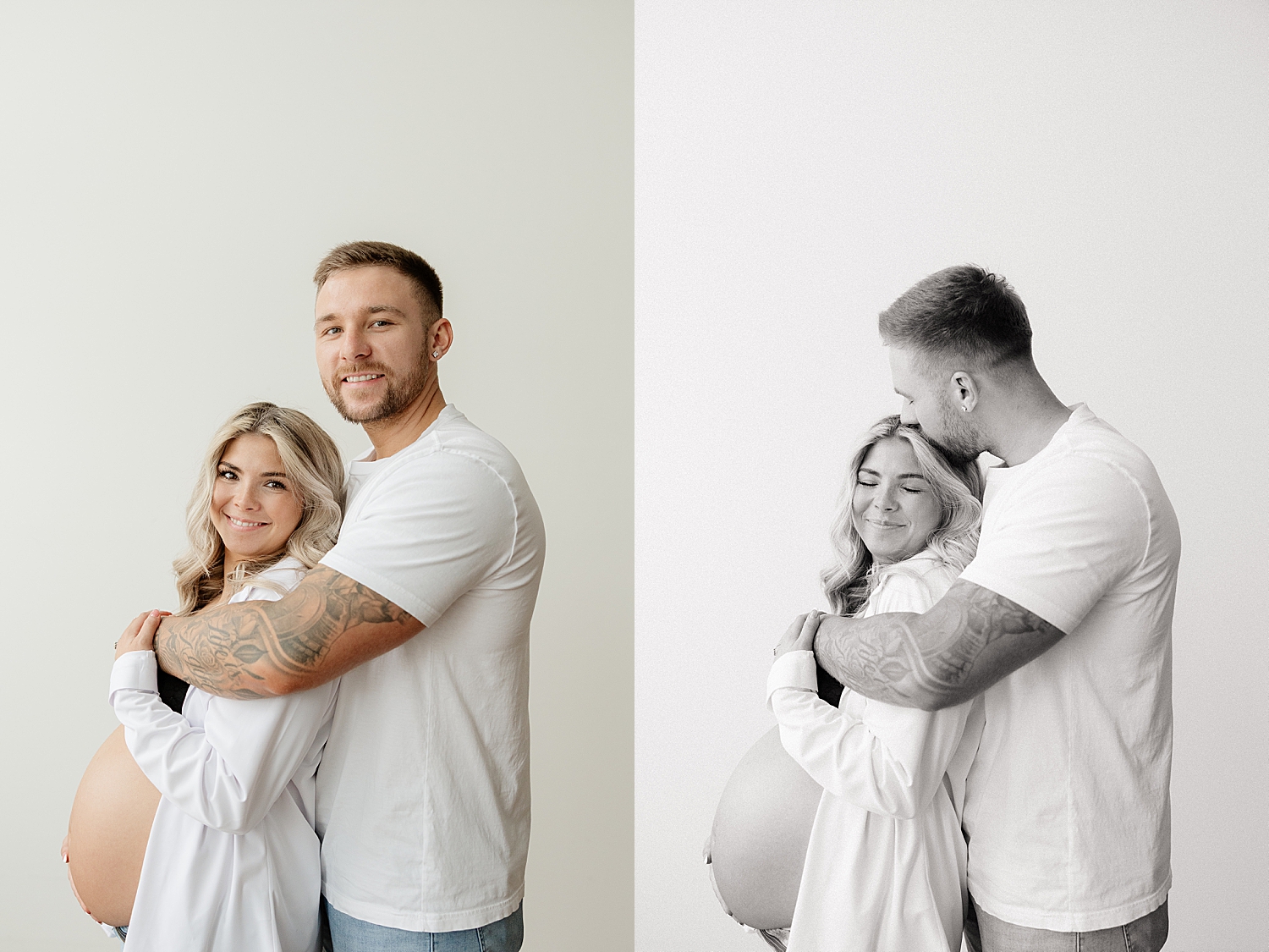 dad-to-be hugs his wife in white room by Sharp Impressions Photography