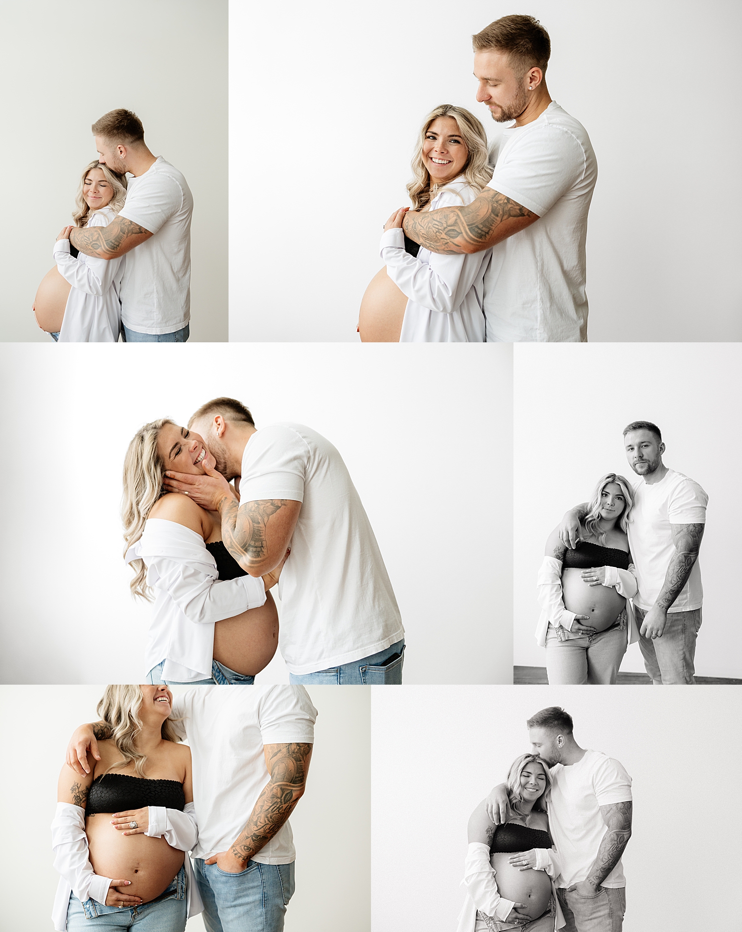 man leans in to kiss his expecting wife in white room for in-studio maternity session