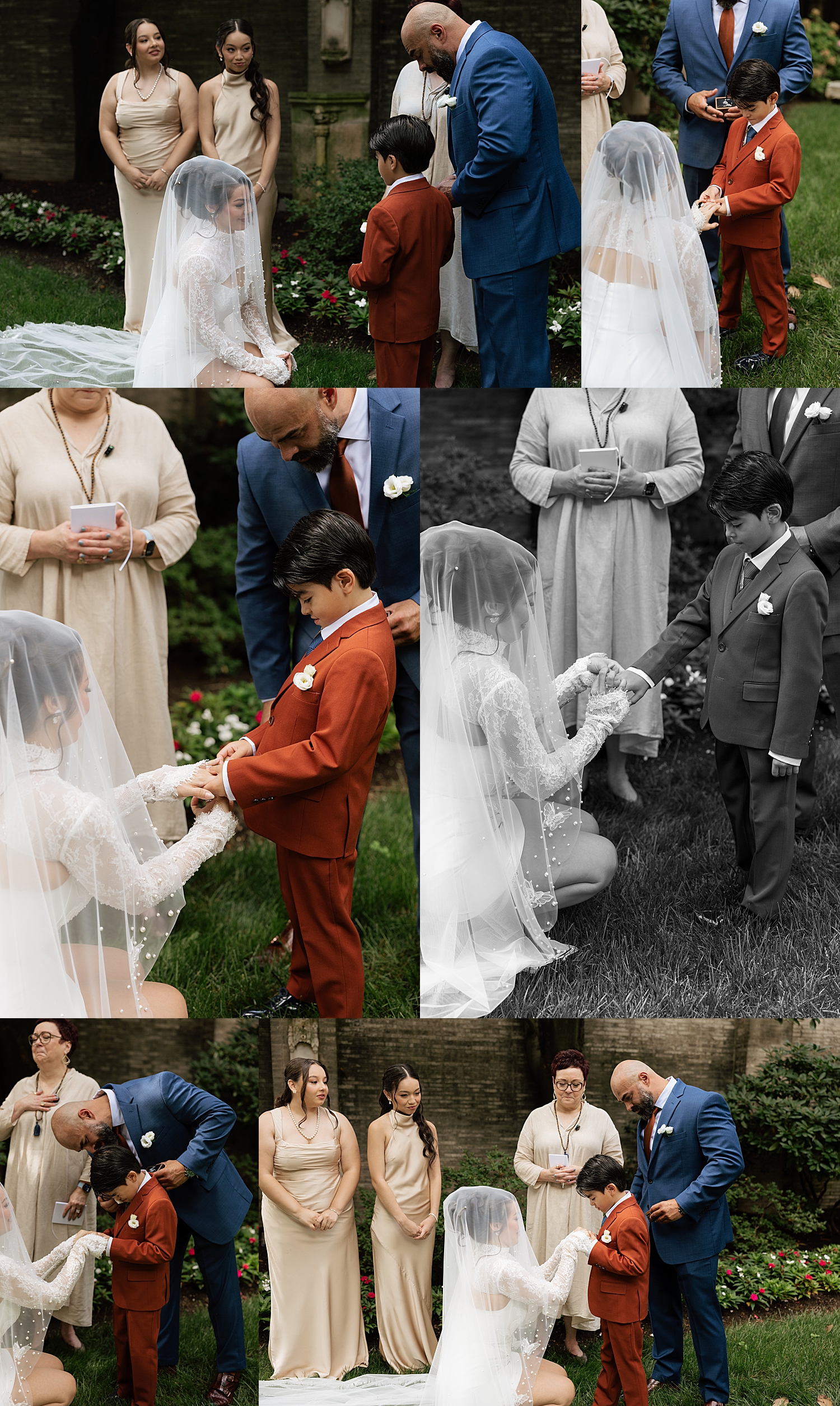 woman leans down to talk to her son during ceremony by Maryland wedding photographer