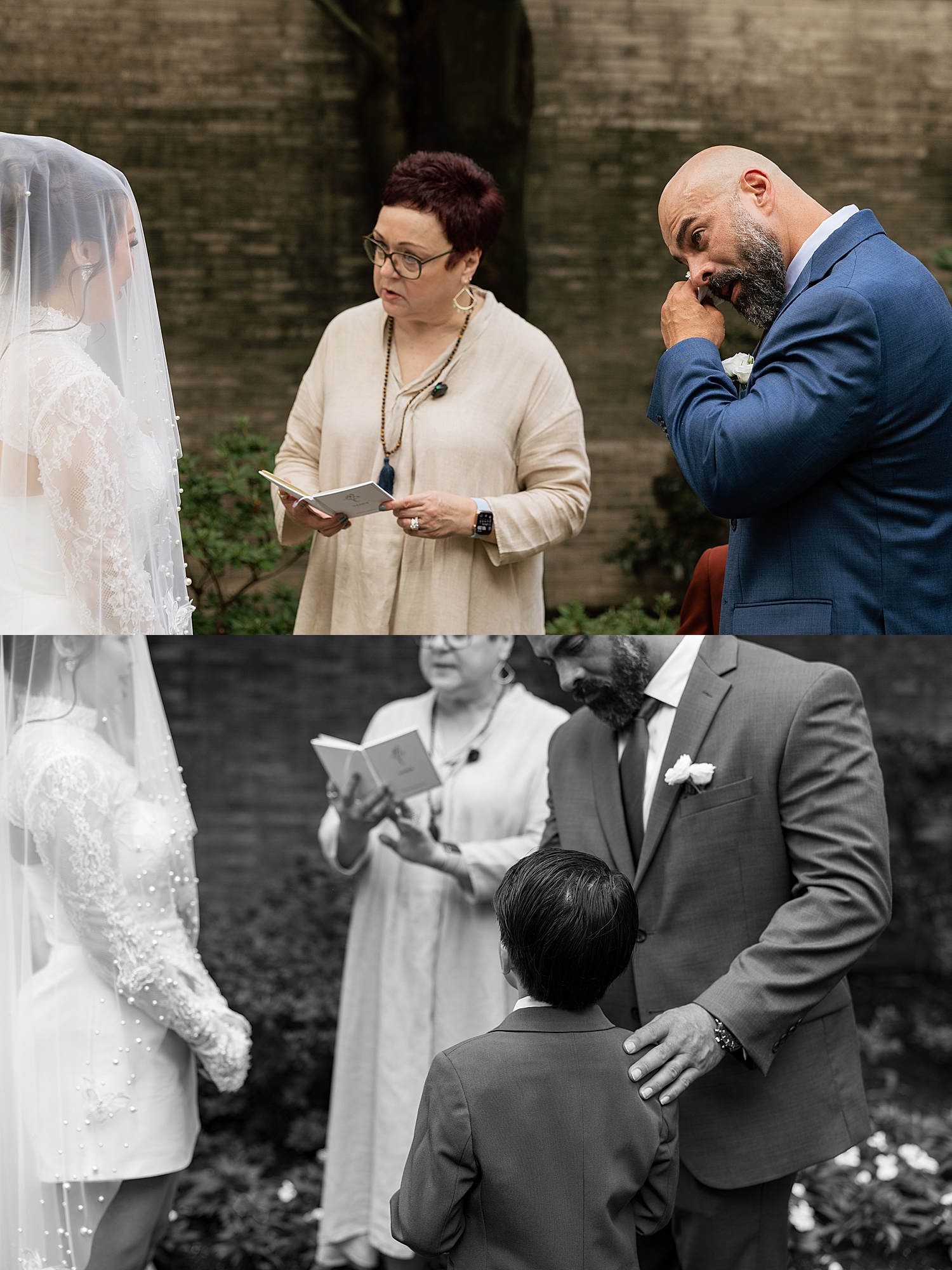 husband cries during outdoor ceremony for Anderson House Elopement