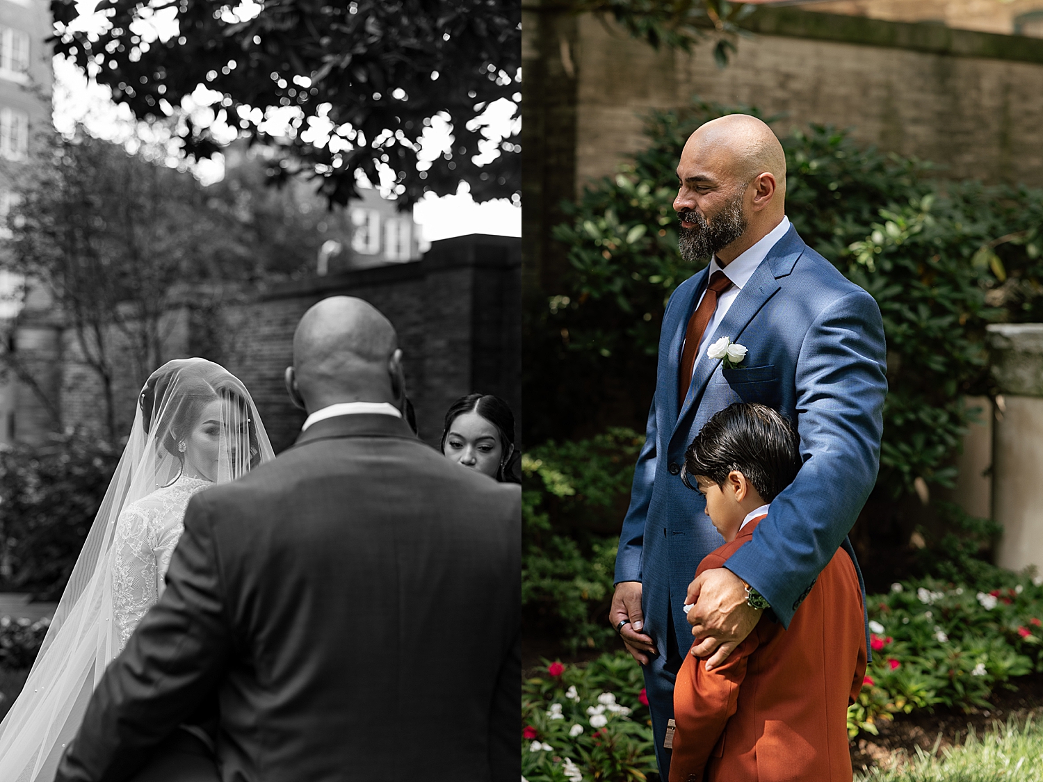 small family stands together during outdoor ceremony by Sharp Impressions Photography