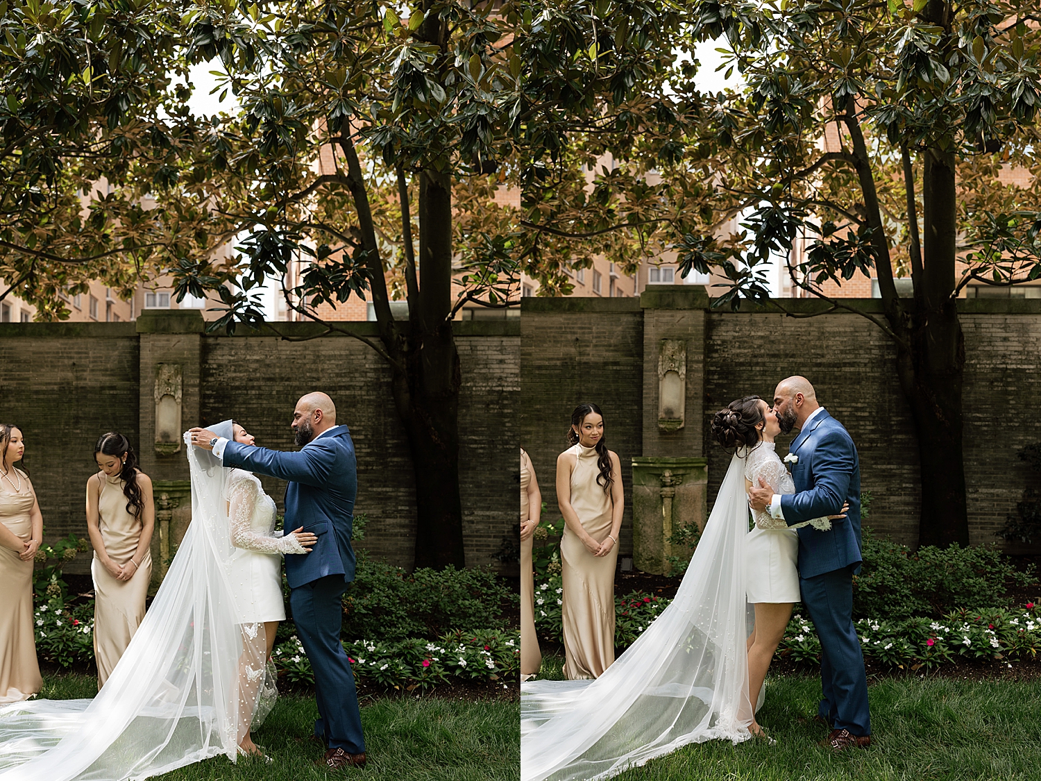 bride and groom kiss during intimate outdoor ceremony by Maryland wedding photographer