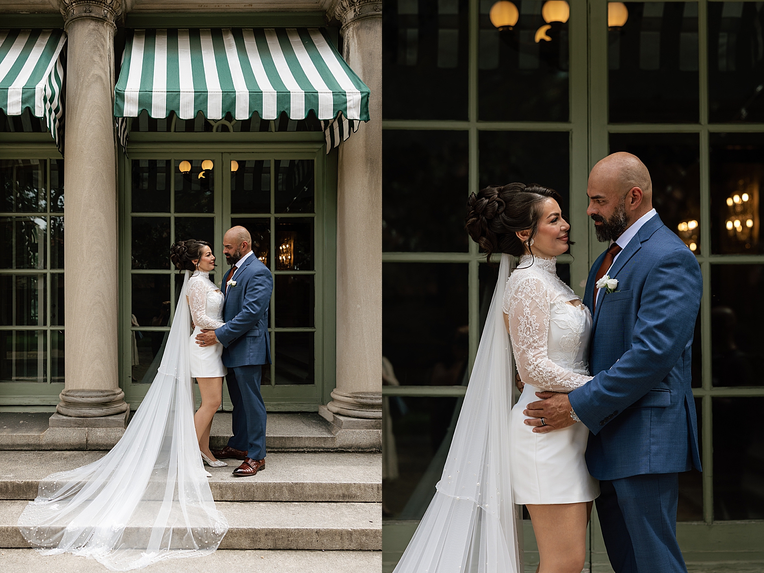 newlyweds stand under green awning for Anderson House Elopement