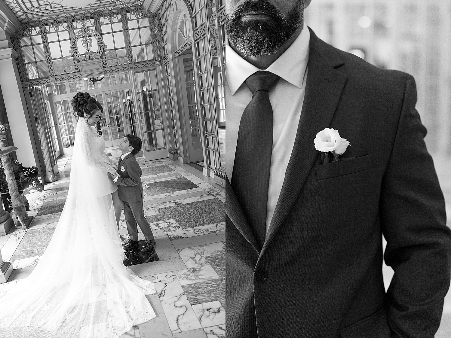 small boy looks up at his newly married parents by Sharp Impressions Photography