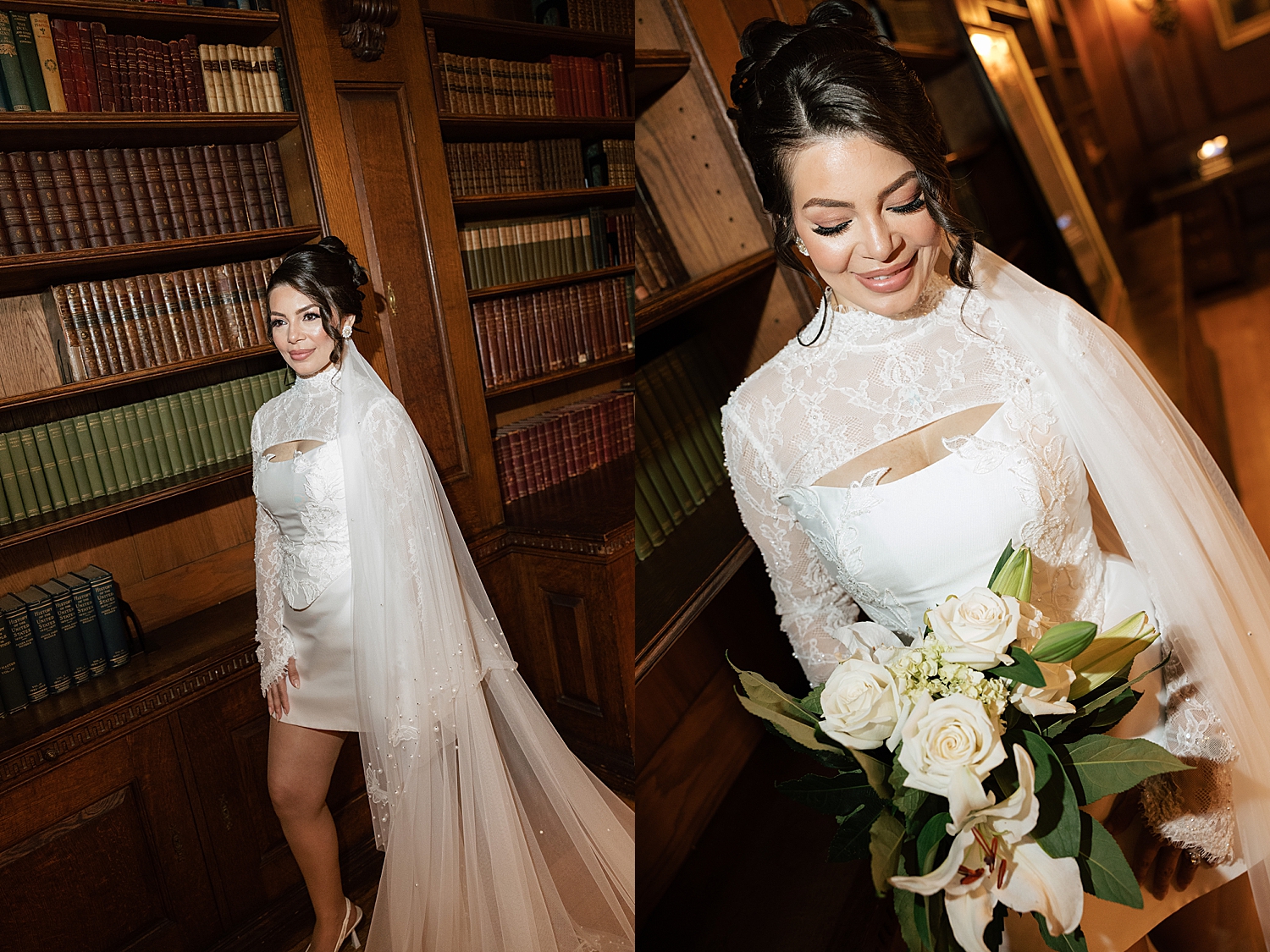 brunette bride with vintage mini dress in front of bookshelf for Anderson House Elopement