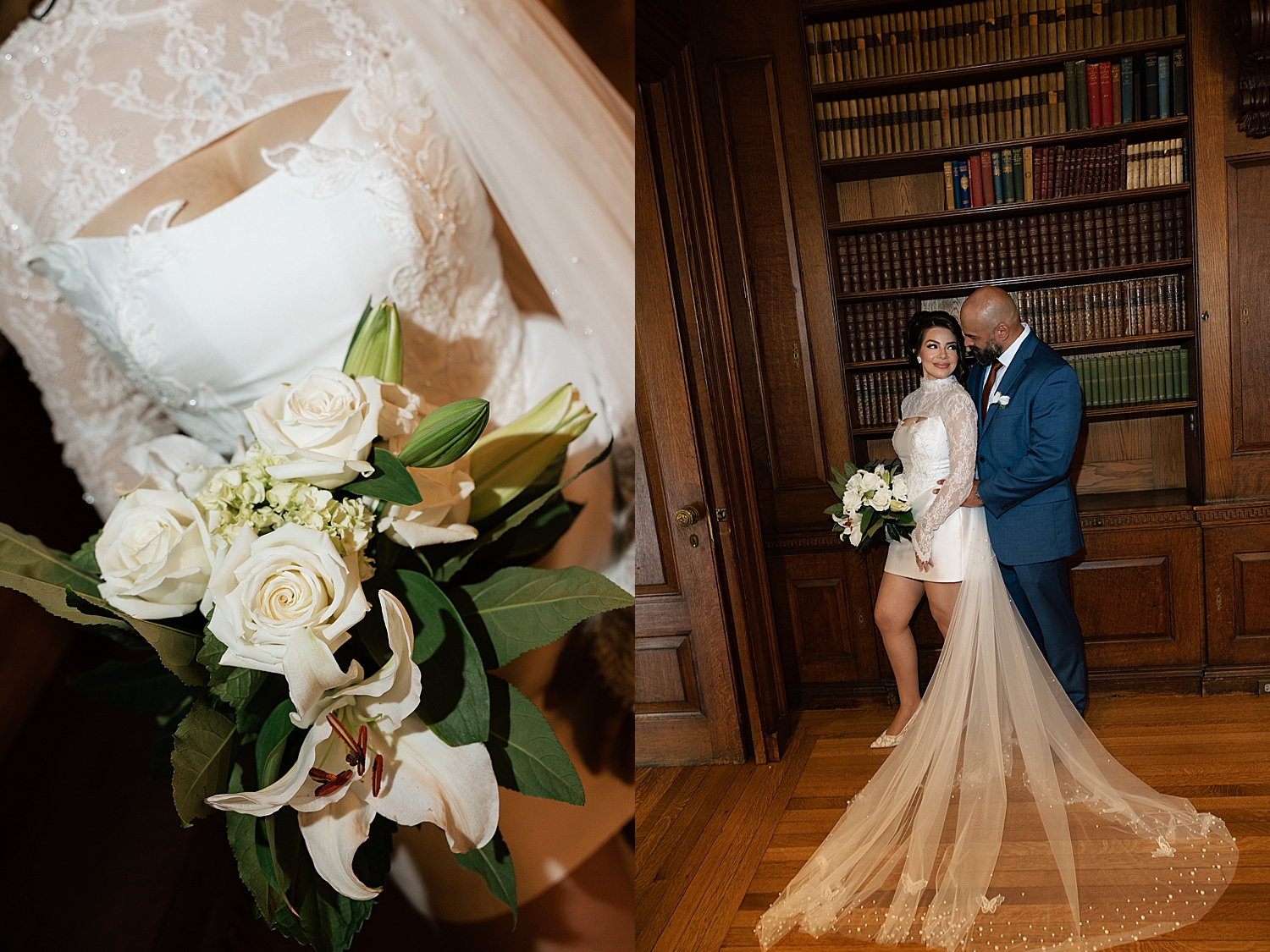 brunette bride in library with white bouquet by Sharp Impressions Photography