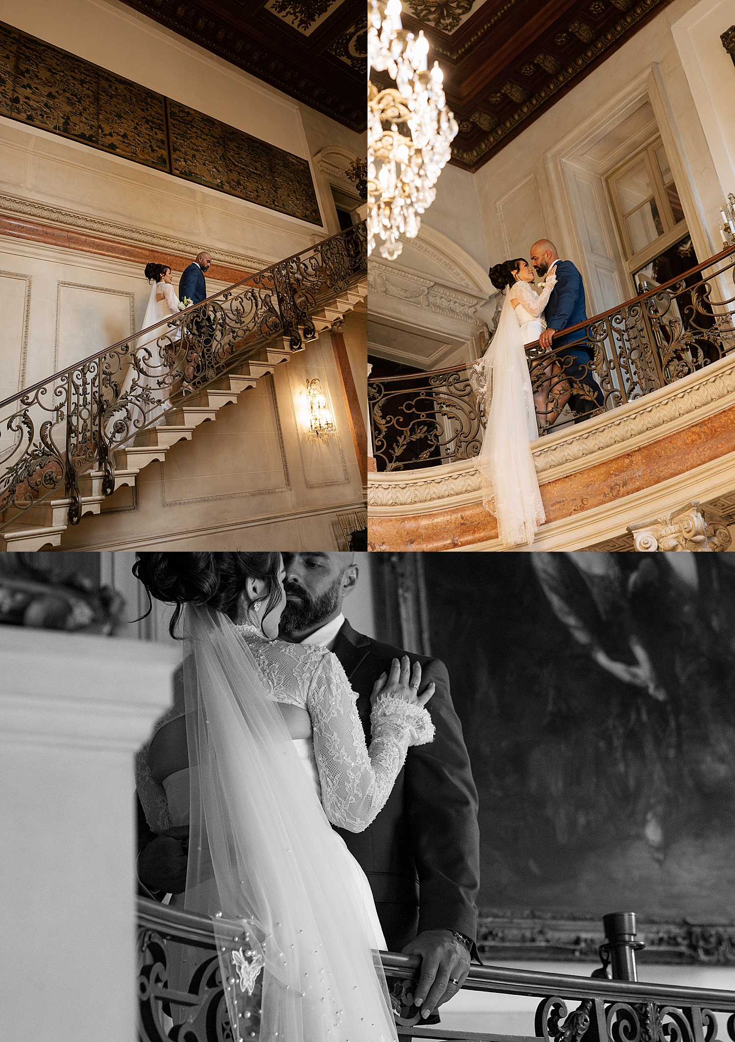 newlyweds walk up sweeping grand staircase by Maryland wedding photographer
