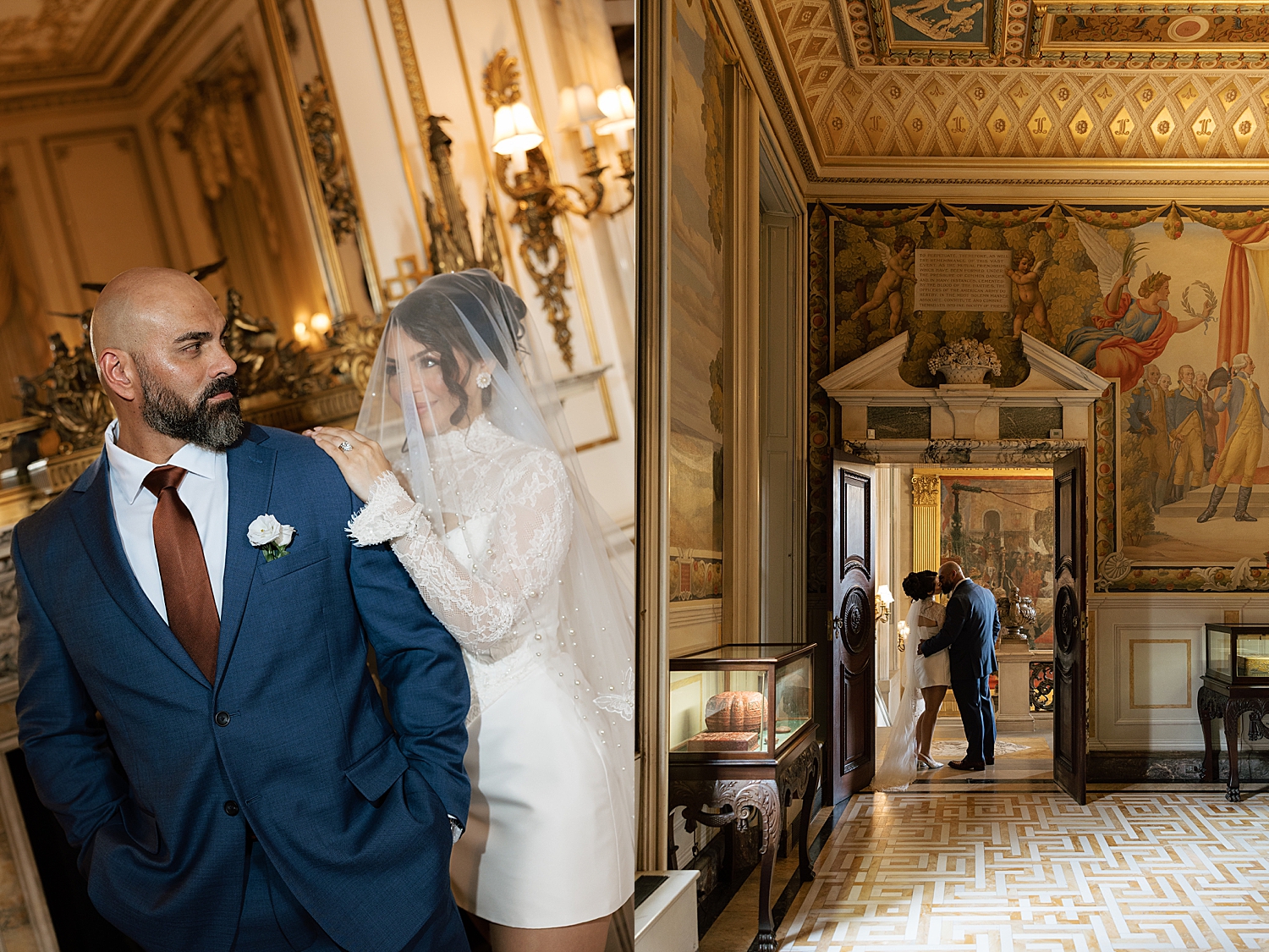 couple kiss in hallway of ornate building by Sharp Impressions Photography