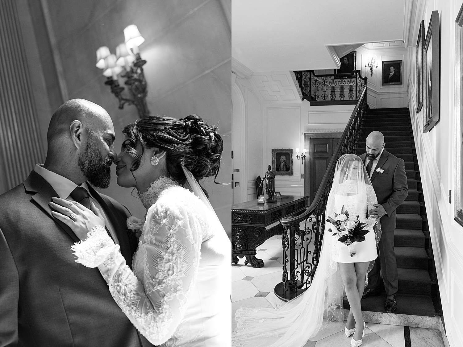 husband and wife stand on staircase in historic venue by Sharp Impressions Photography