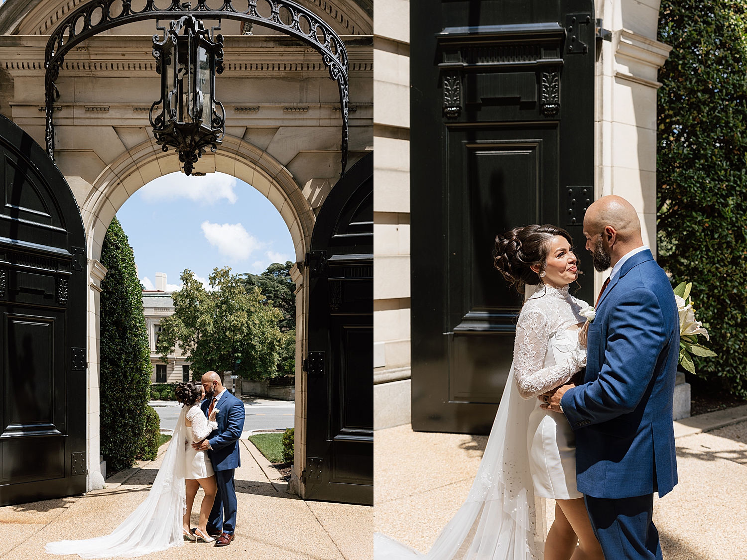 newlyweds kiss under large outdoor arch for Anderson House Elopement