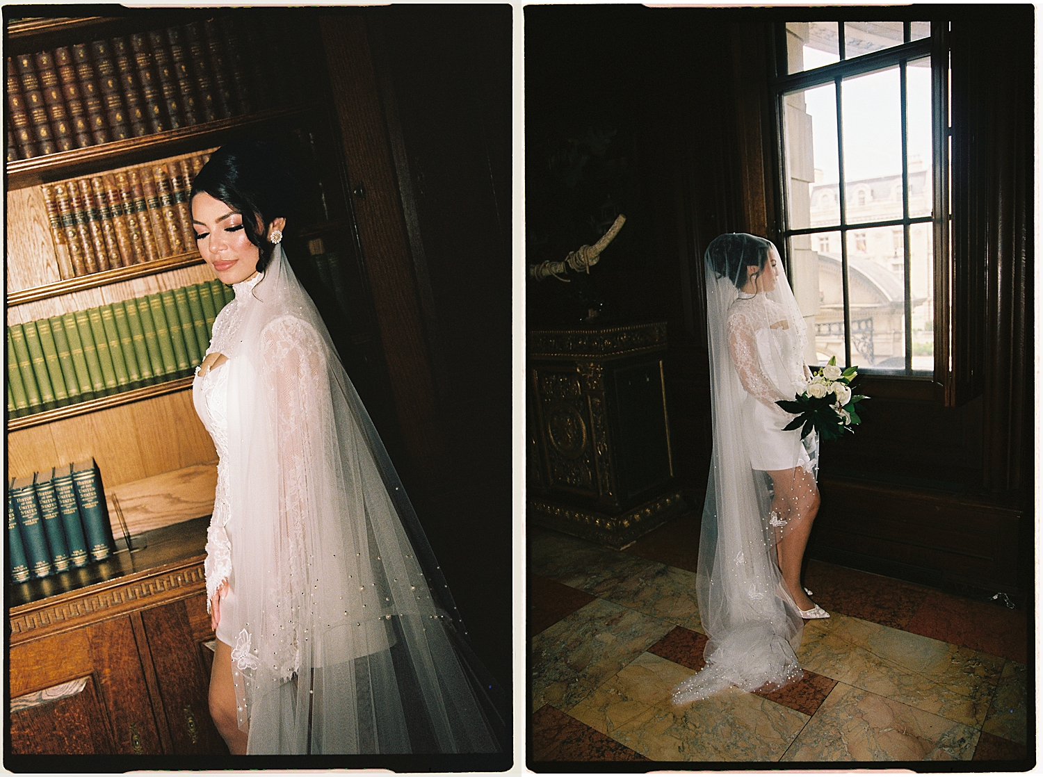 bride with veil over her stands next to window in historic venue by Sharp Impressions Photography