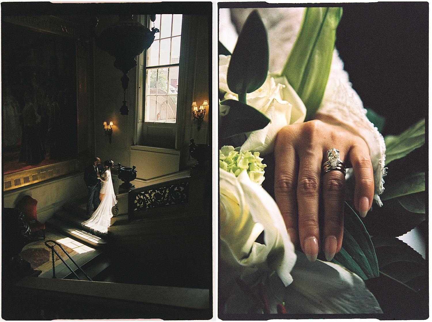 diamond ring next to bouqet on staircase by Maryland wedding photographer