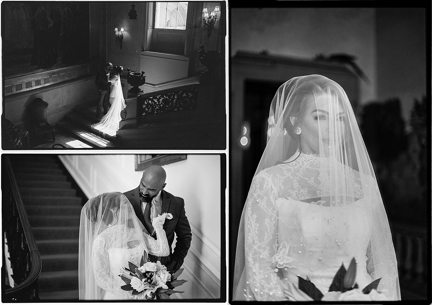 couple embrace on staircase of historic venue by Sharp Impressions Photography