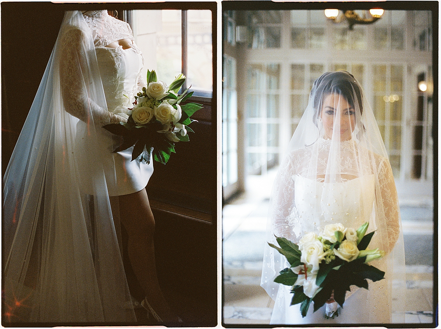 brunette bride by windows holding bouquet by Maryland wedding photographer