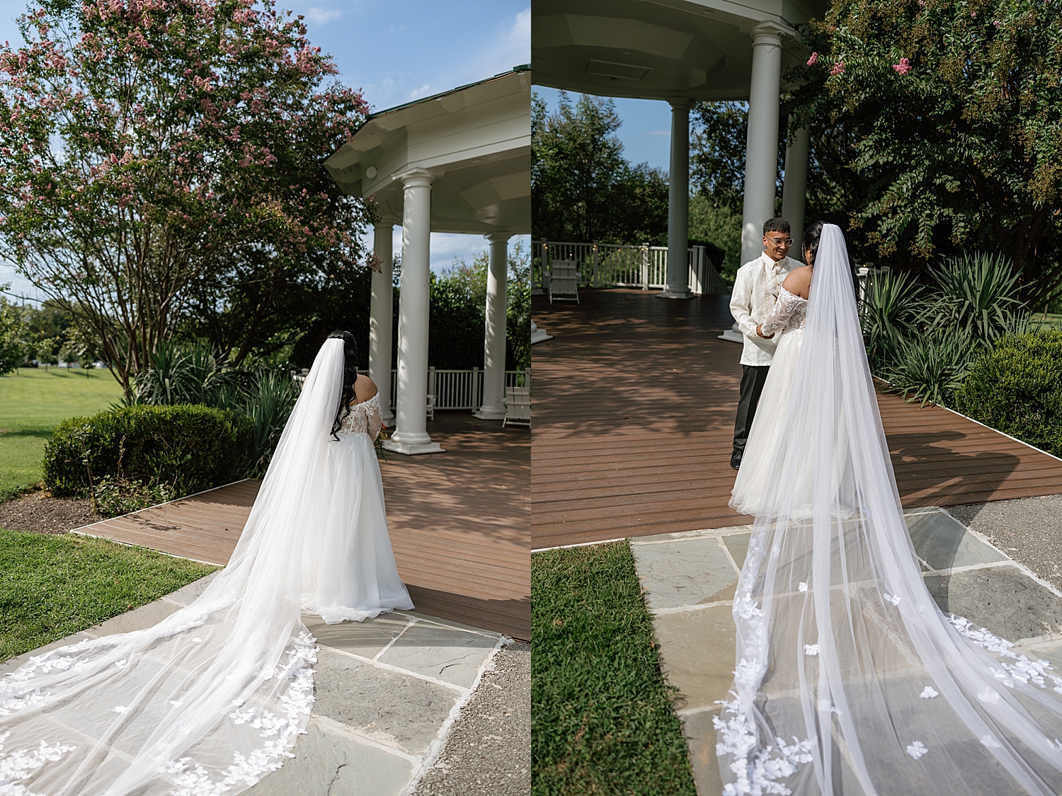 woman approaches her man for first look at gazebo at The Mansion at Strathmore